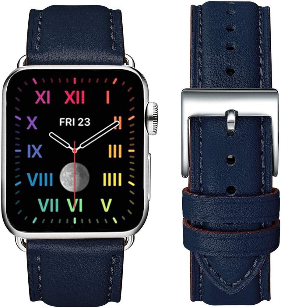 OMIU Square Bands Compatible with Apple Watch Band 38Mm 40Mm 41Mm 42Mm 44Mm 45Mm 49Mm, Genuine Leather Wristband Starp for Iwatch SE Series 8 7 6 5 4 3 2 1 Utral for Women Men(Ivory White/Rose Gold)  BestWayStore Dark Blue/Silver 42mm 44mm 45mm 49mm 
