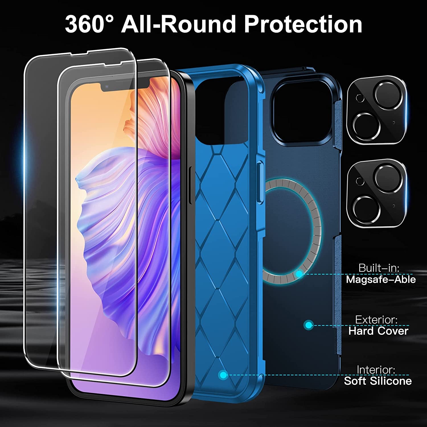 Xiwxi Magnetic for Iphone 14 Case [Compatible with Magsafe][Military Grade Drop Protection] [Glass Screen Protector+Camera Lens Protector] Non-Slip Full-Body Shockproof Phone Case,Blue  xiwxi   