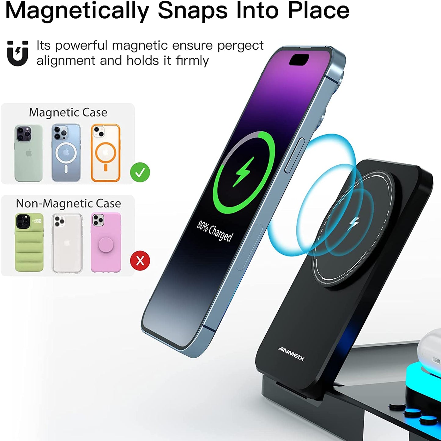 Magnetic Wireless Charger,3 in 1 Magnetic Charging Station,For Mag-Safe Charger with QC3.0 Adapter, for Iphone 14/13/12/11/X/8, for Iwatch, for Airpods 3/2/Pro, for Samsung Galaxy Z Fold3/4  Anmeix   