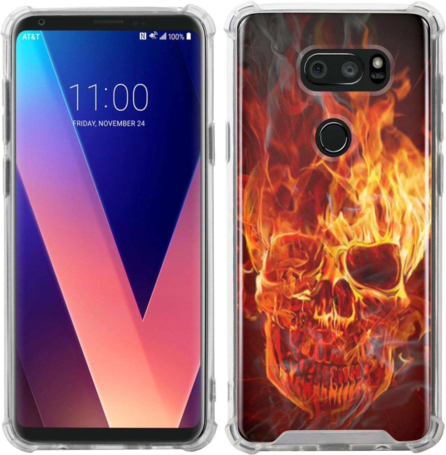 Casesondeck Clear Case Compatible with [LG V30S Thinq and LG V30] TPU Bumper Hard PC Plastic Backing Slim (Fire Skull)  CasesonDeck   