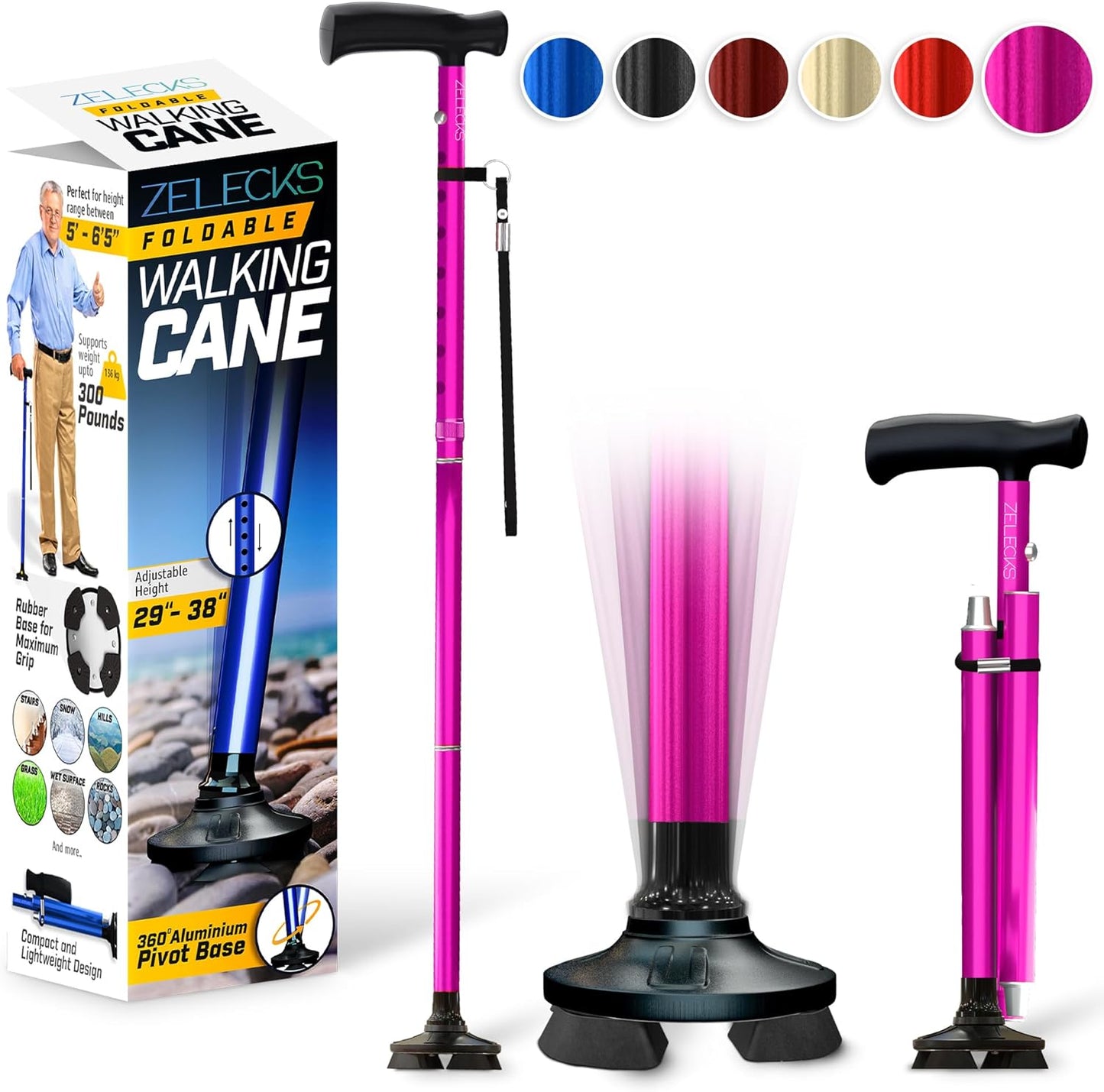 ZELECKS Walking Cane for Women & Men - Self Standing Adjustable Folding Cane with T Handle and 360 Pivot Base - Lightweight Foldable Walking Stick for Seniors - Collapsible Cane for Walking  ZELECKS Pink  