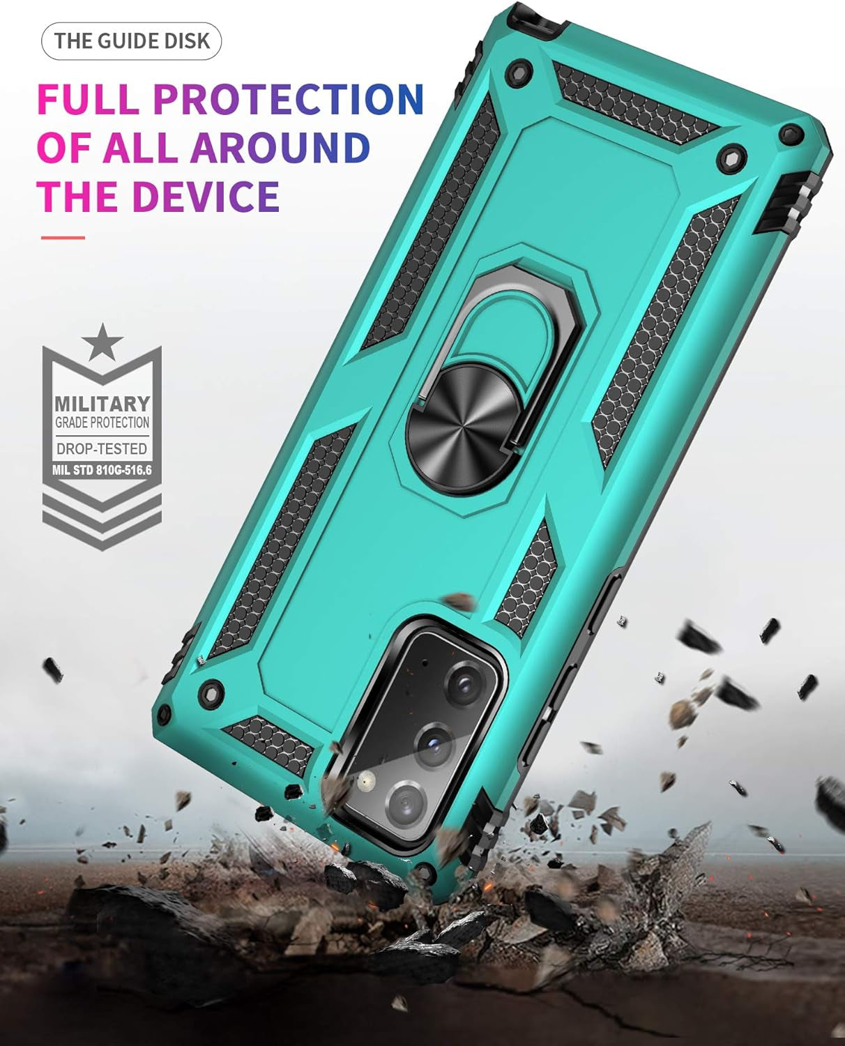 Samsung Galaxy Note 20 Case, Note20 5G Case with HD Screen Protectors, Androgate Military-Grade Metal Ring Holder Kickstand 15Ft Drop Tested Shockproof Cover Case for Samsung Galaxy Note 20 Teal  E&M Tek   