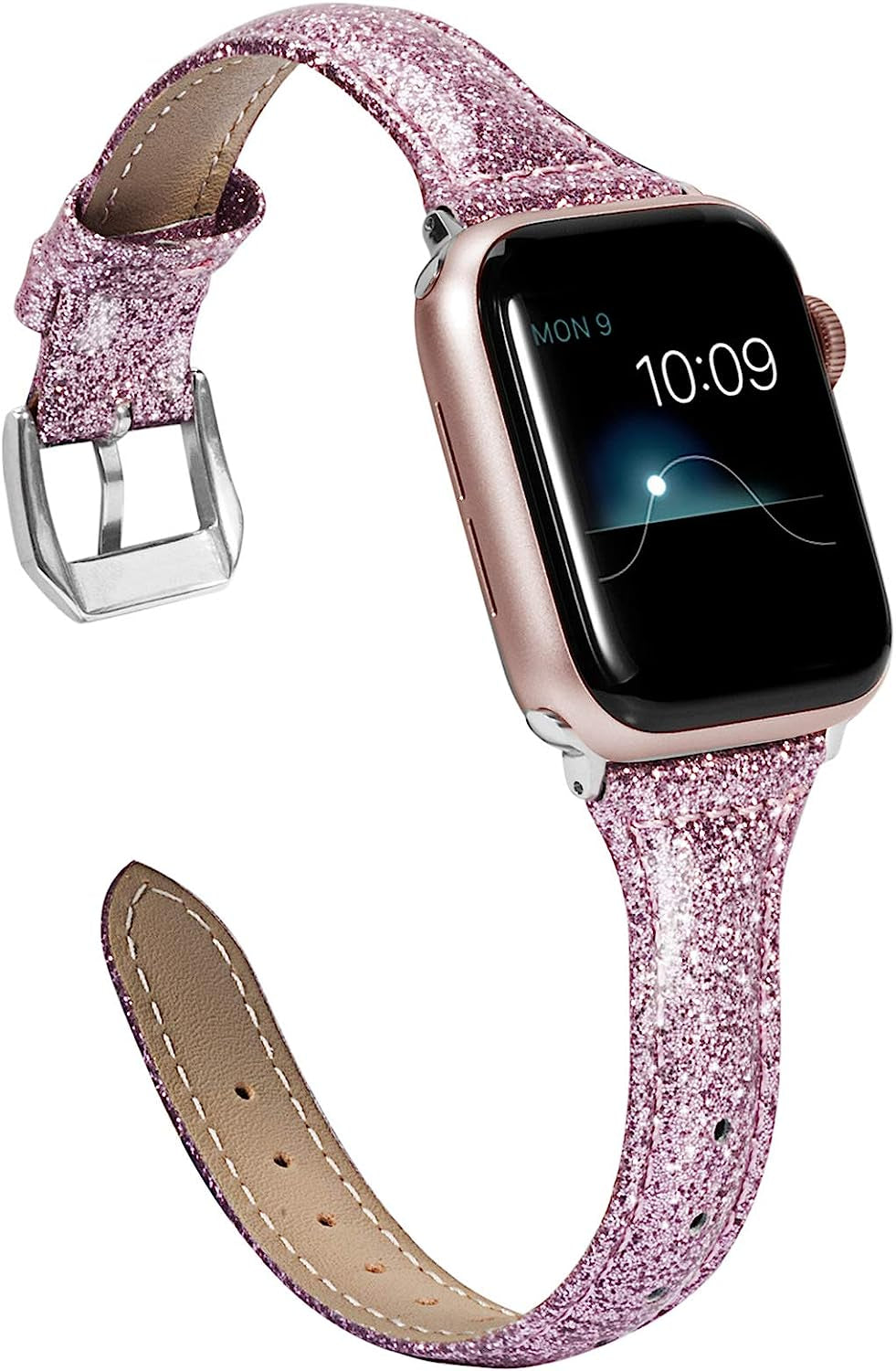 Wearlizer Rose Gold Leather Compatible with Apple Watch Leather Bands 38Mm 40Mm 41Mm Womens for Iwatch Series 8 7 6 5 4 3 2 1 SE Shiny Slim Smooth Wristband Bling Glitter Strap (Gold Clasp)  Wearlizer Rose Pink 38/40/41mm 