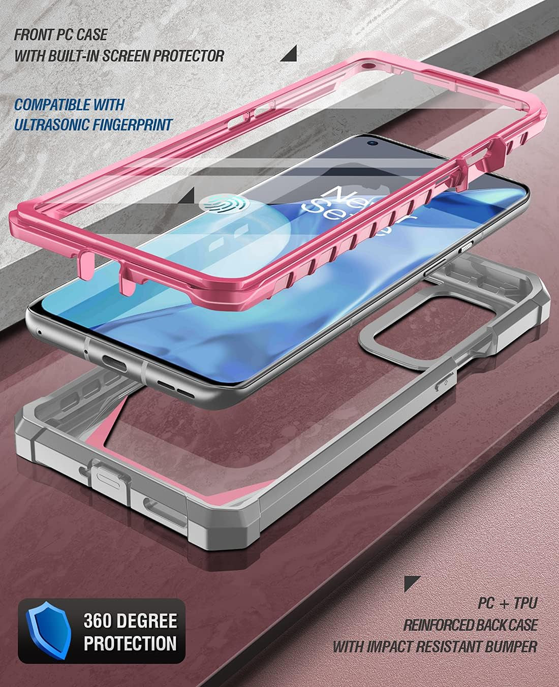 Poetic Guardian Case Designed for Oneplus 9 Pro 5G, Built-In Screen Protector Work with Fingerprint ID, Full Body Hybrid Shockproof Bumper Cover Case, Pink/Clear  Poetic   