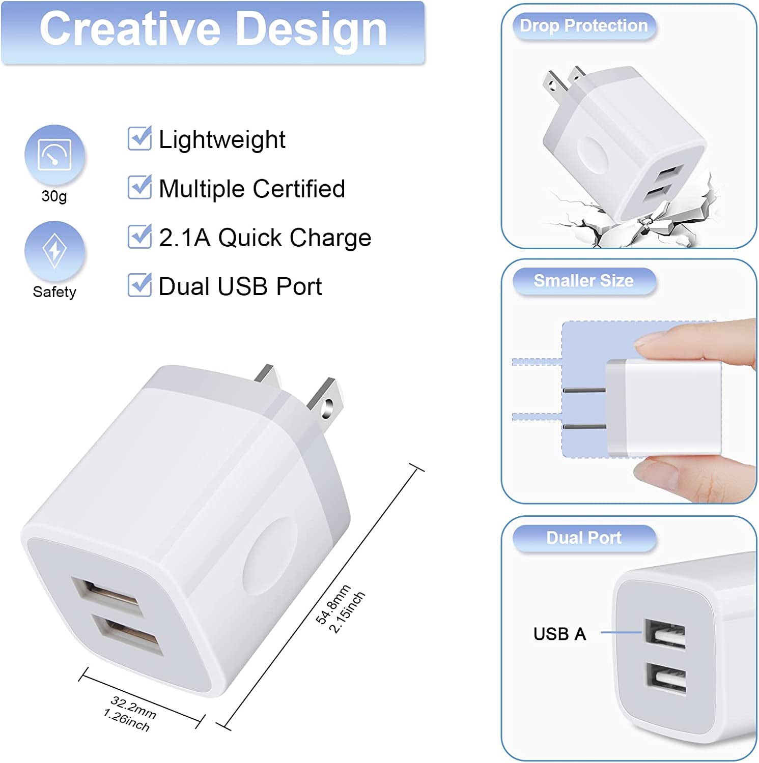 USB Wall Charger, Charging Adapter 3Pack 2.1A Dual Port USB Wall Charging Plug Block Head Box Travel Charger Cube Compatible Iphone 14 13 12 11 Pro Max XS XR X 8 7 Plus,Ipad,Ipod,Samsung,Android Phone  Shenzhen Putuo Technology Co., Ltd   