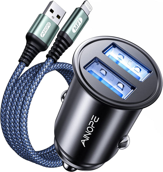 AINOPE Iphone Car Charger Apple Mfi Certified 24W USB Car Charger Adapter Fast Charging Cigarette Lighter USB Charger with Lightning Cable for Apple Iphone 13/12 Mini/11/Xs/Xr/X/8 Plus/7/6S/5/Ipad  AINOPE   