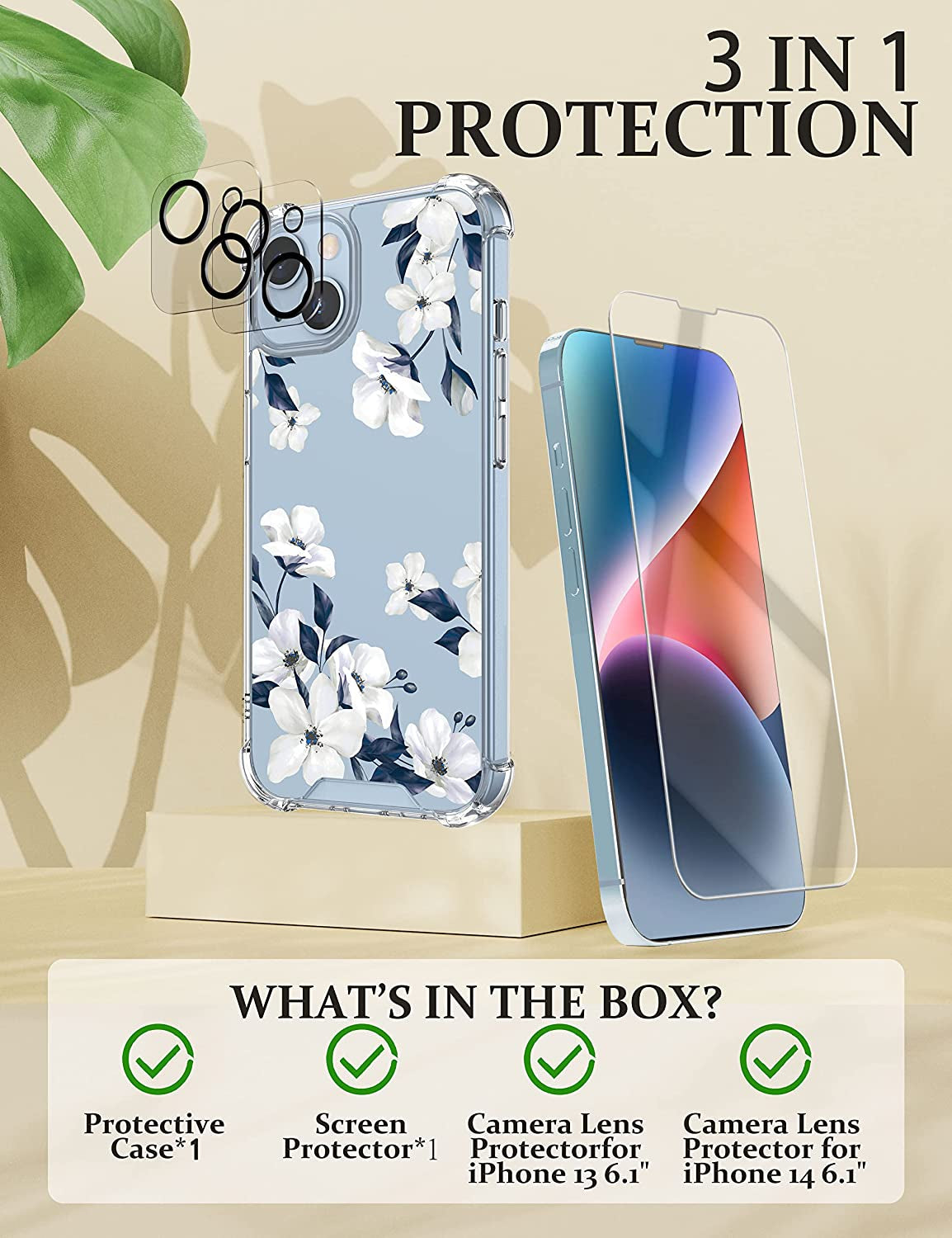 Cutebe [3 in 1 Crystal Phone Case for Iphone 13(2021)/Iphone 14(2022) 6.1", Cute Protective Cover with 9H Temper Glass Screen Protector + HD Temper Camera Lens Protector for Women, Girls  Cutebe   