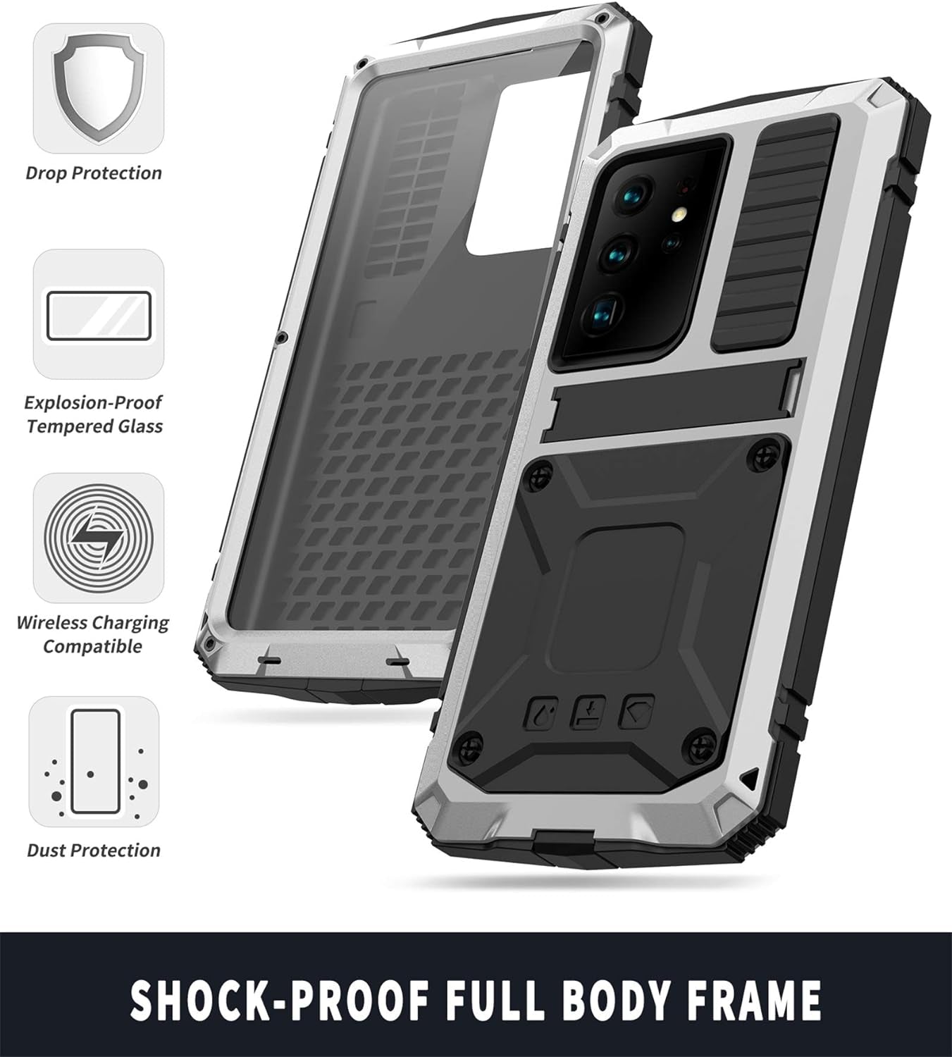 Samsung Galaxy S21 Ultra Case, Aluminum Metal Gorilla Glass Shockproof Military Heavy Duty Sturdy Protector Cover Hard Case for Samsung Galaxy S21 Ultra 5G (Silver)  MIYI   