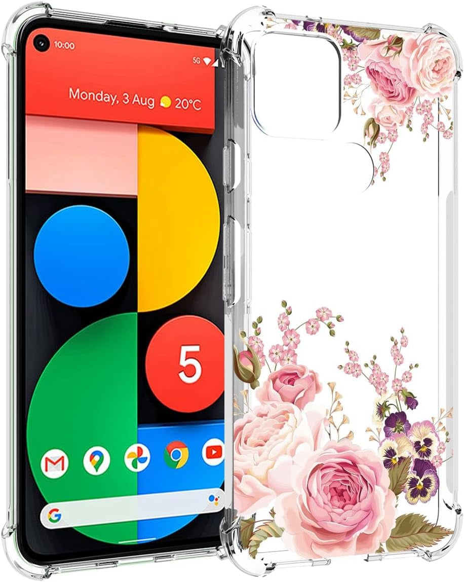 Ueokeird Phone Case for Pixel 5 Case, Google 5 GD1YQ GTT9Q Case Girls Women, Slim Shockproof Clear Floral Pattern Soft Flexible TPU Protective Cover for Google Pixel 5 (Rose Flower)  Ueokeird   