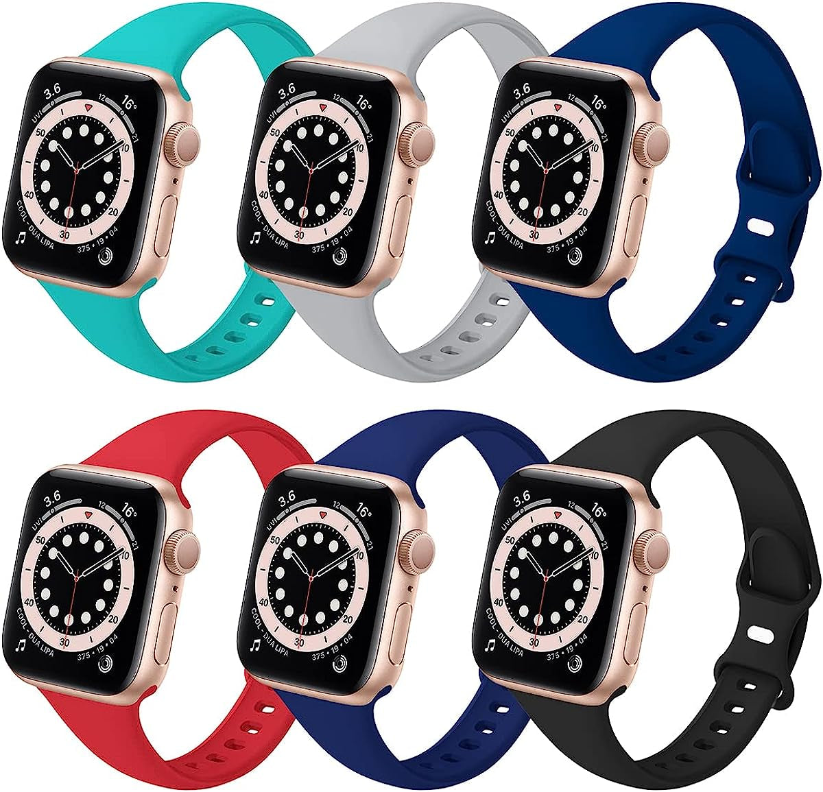 6 Pack Slim Sport Bands Compatible with Apple Watch Band 38Mm 40Mm 41Mm 42Mm 44Mm 45Mm 49Mm,Slim Soft Silicone Waterproof Strap Compatible with Iwatch Series Ultra 8 7 6 5 4 3 2 1 SE Women Men  SIV Teal/Gray/Pacific Green/Red/Midnight Blue/Black 38mm/40mm/41mm 