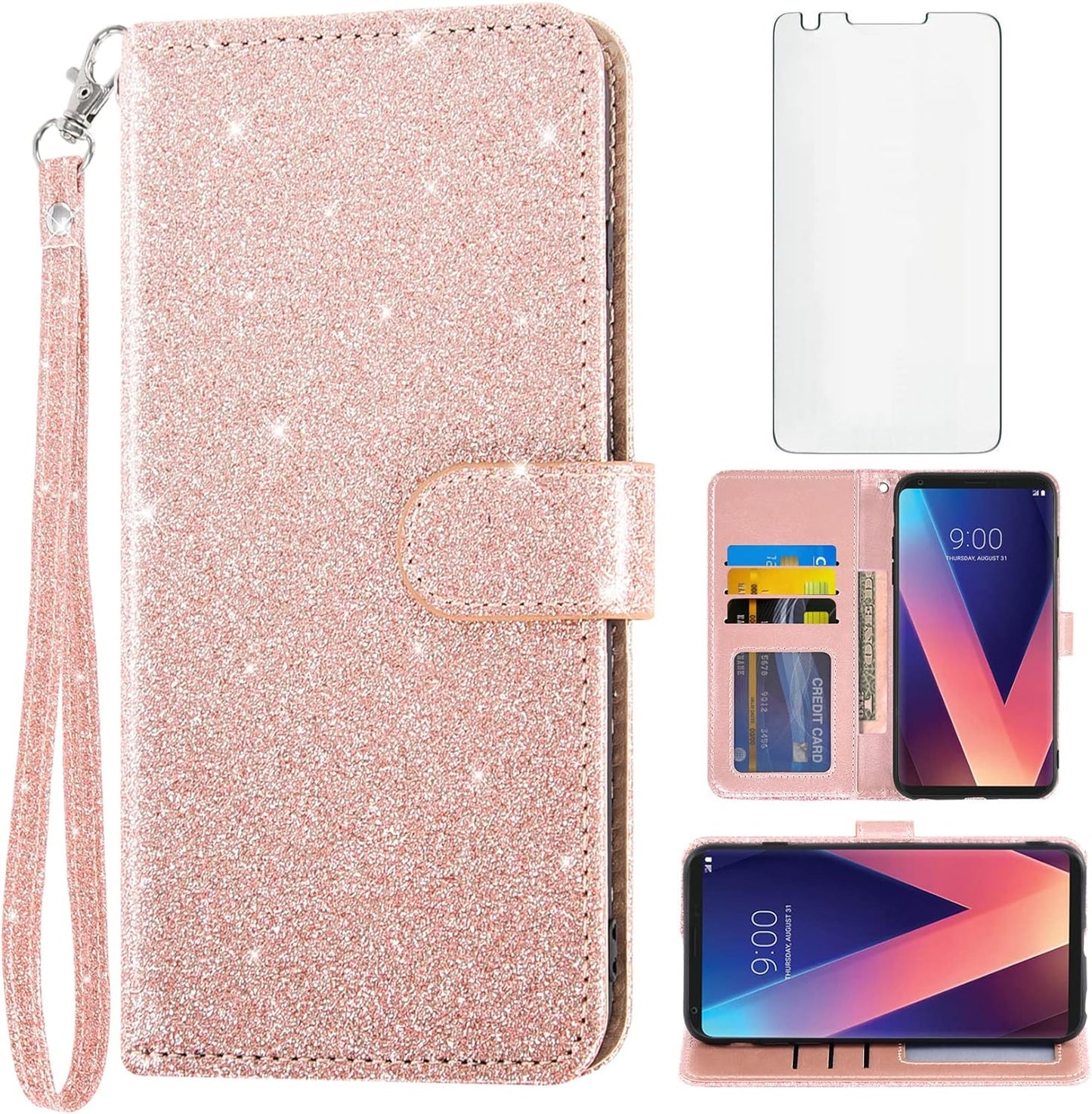 Asuwish Phone Case for LG V35 Thinq V30 plus with Tempered Glass Screen Protector and Glitter Wallet Cover Card Holder Slot Stand Flip LGV30 LGV35 LG30 LG35 V 30 35 V30+ 30+ V30S H931 Women Men Red  Asuwish Rose Gold  