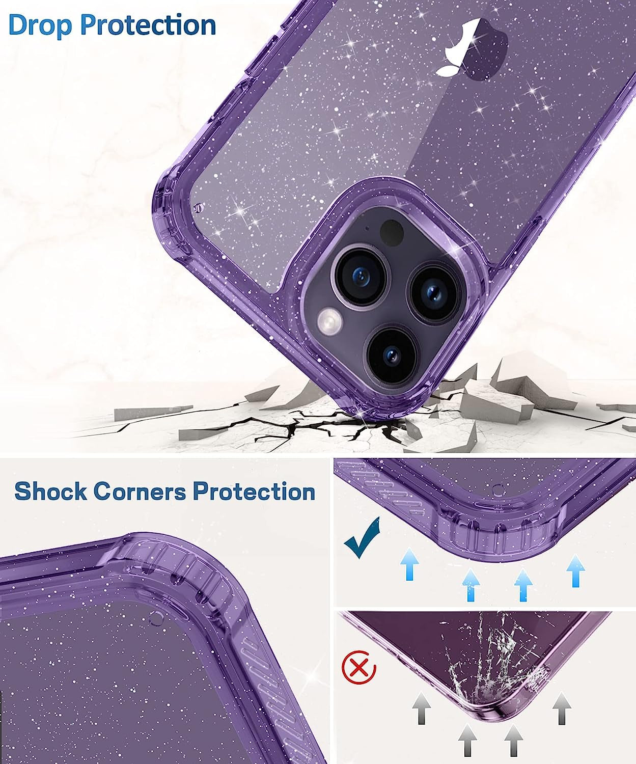 MIODIK for Iphone 14 Pro Max Case Clear Glitter, with Screen Protector + Camera Protector, [Military-Grade Protective] [Non-Yellowing] Slim Shockproof Women Cute Bumper Cover 6.7" 2022 (Light Purple)  MIODIK   