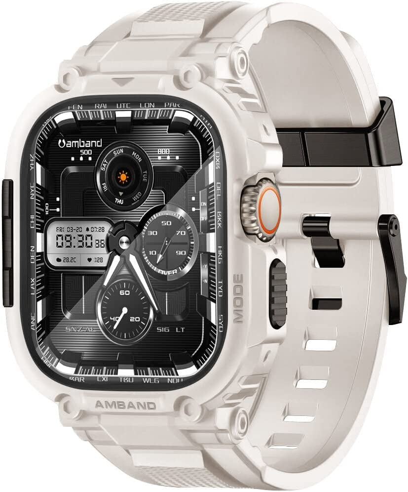 Amband Bands Case Screen Protector Compatible with Apple Watch Ultra 49Mm, M1 Sport Series Rugged Cover Strap and 2 Pack Tempered Glass Film, Military Protective Bumper for Iwatch 49 Mm Men Black  amBand Starlight 49mm 