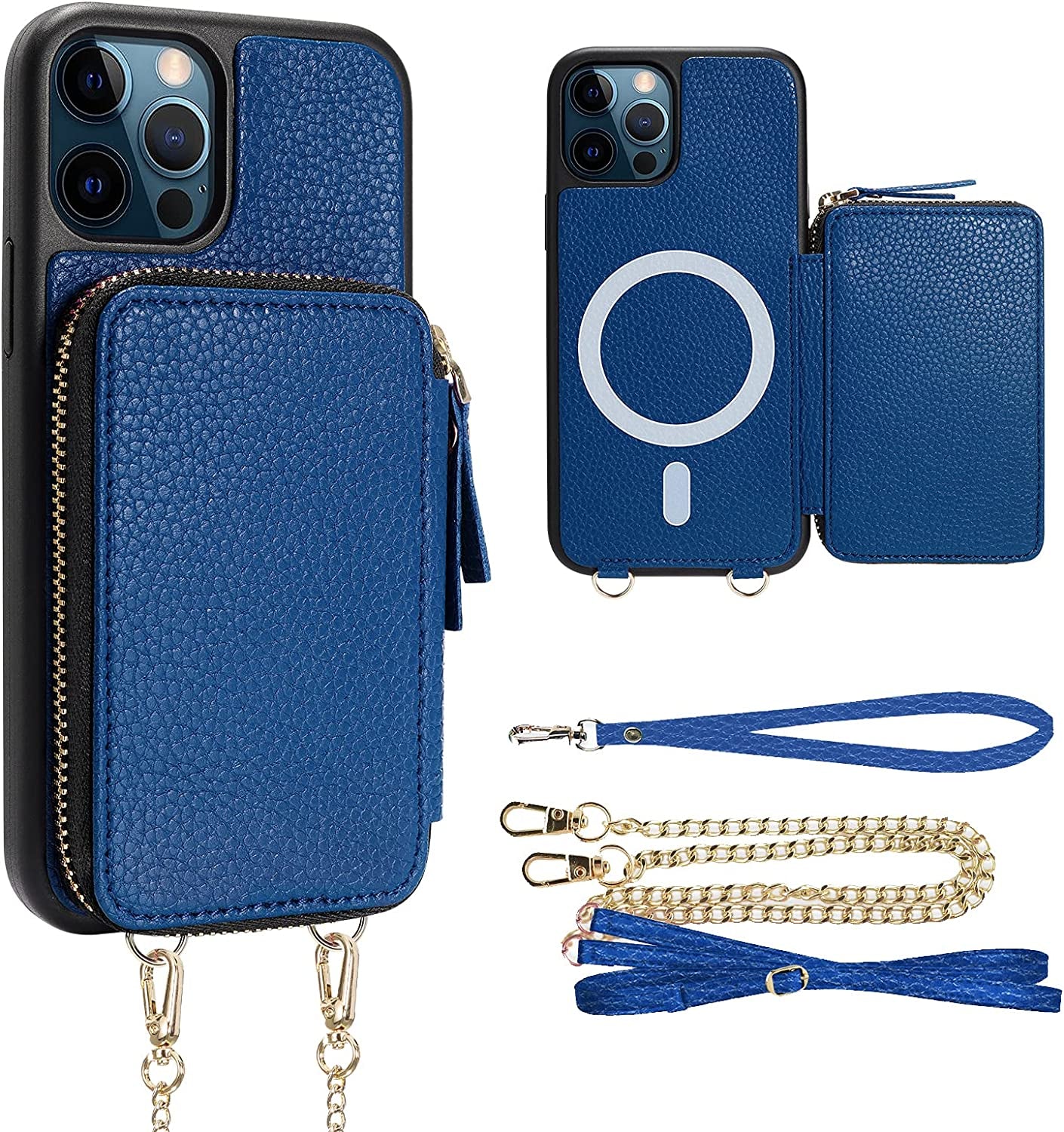 ZVE Iphone 14 Pro Crossbody Wallet Case Magsafe, Phone Case with RFID Blocking Card Holder Wrist Strap for Women, Zipper Leather Cover for Iphone 14 Pro, 6.1"-Black  ZVE Navu Blue iPhone 12 & 12 Pro 