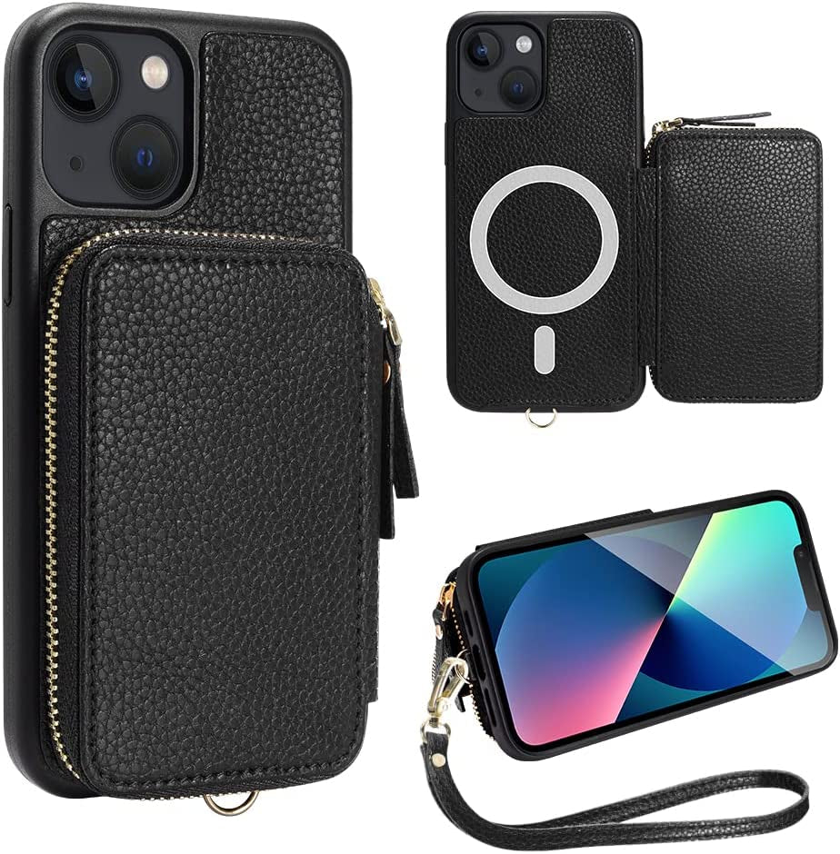 ZVE Wallet Case for Iphone 14 Pro Max 6.7 Inch, Magsafe Zipper Leather RFID Blocking Cards Holder Slots Case with Magnetic Wireless Charging, Protective Cover for Iphone 14 Pro Max 6.7"(2022)-Black  ZVE Black iPhone 13 