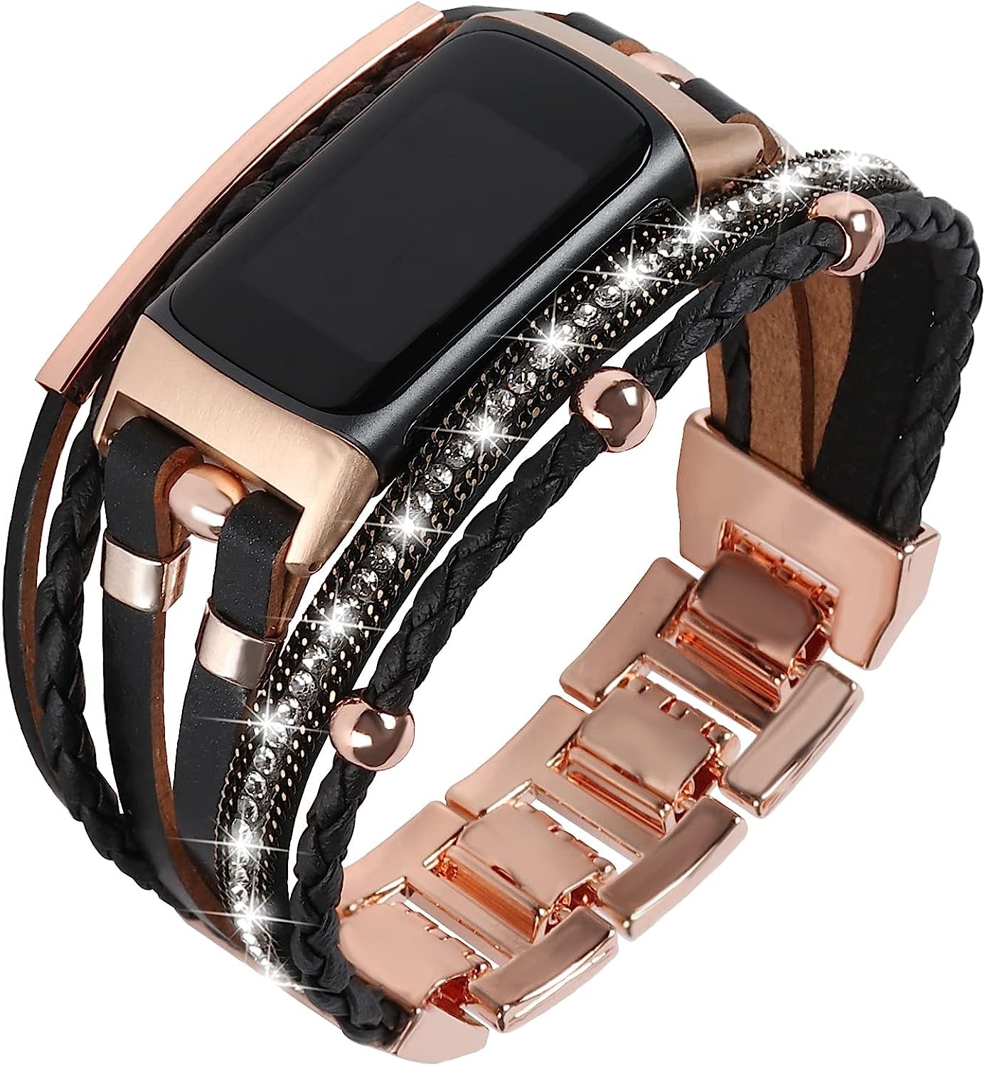YOSWAN Leather Bands Compatible with Fitbit Charge 5 Bands for Women, Boho Handmade Multilayer Wrap Bracelets Jewelry Strap Wristband Replacement for Fitbit Charge 5 Fitness Tracker  YOSWAN Black/Rose Gold  