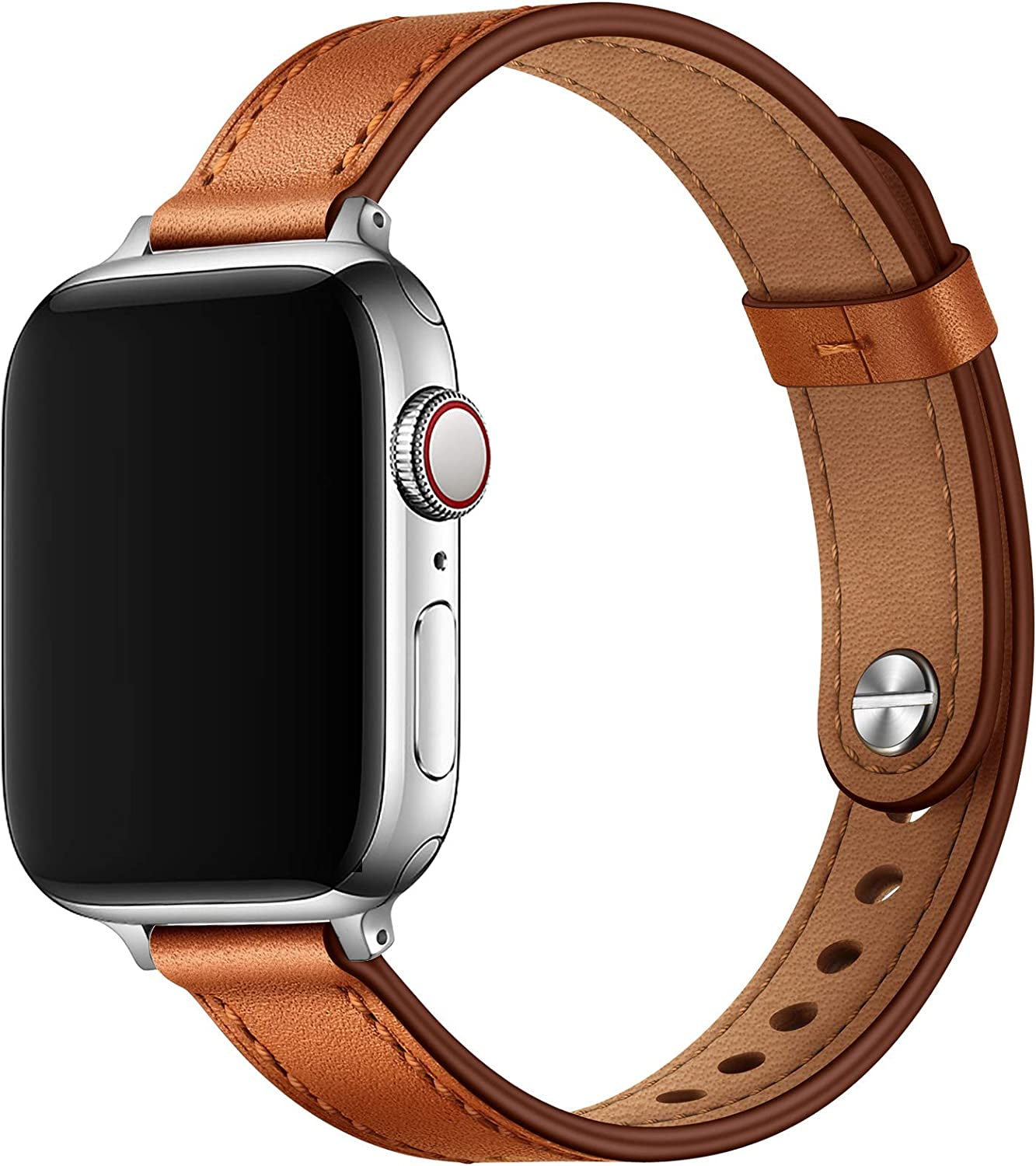 OUHENG Slim Band Compatible with Apple Watch Band 41Mm 40Mm 38Mm, Women Genuine Leather Band Replacement Thin Strap for Iwatch SE SE2 Series 8 7 6 5 4 3 2 1 (Brown/Rose Gold, 41Mm 40Mm 38Mm)  OUHENG Brown/Silver 41mm/40mm/38mm 