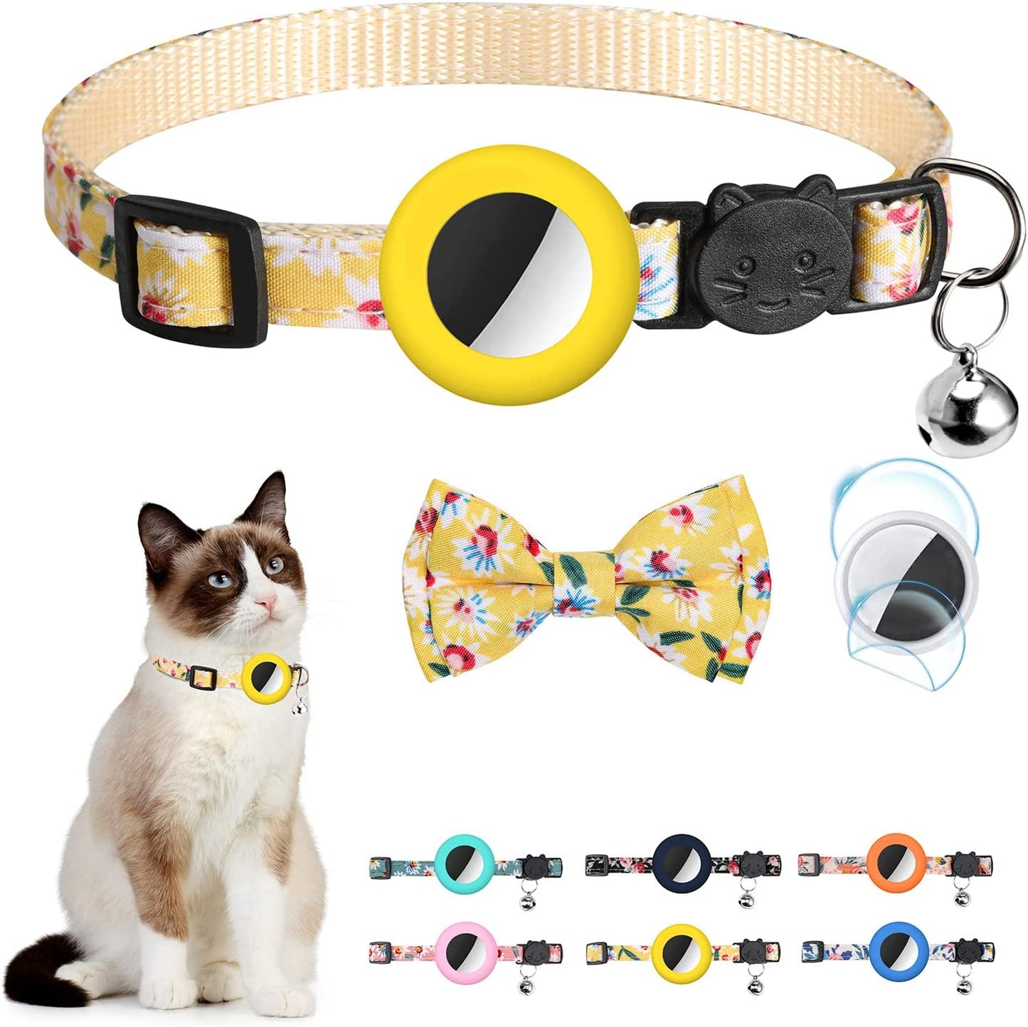 Airtag Cat Collar with Bell Adjustable Breakaway Kitten Collars:- Safety Buckle and Silicone Air Tag Holder Case Compatible with Apple Airtag Geometric Pattern Pet Collar (Pink)  OEBEESA cat collar-Yellow  