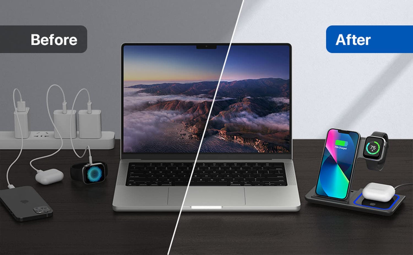 Wireless Charger, 3 in 1 Wireless Charging Station, Fast Wireless Charger Stand for Iphone 14/13/12/11/Pro/Max/Xs/Xr/X/8/Plus, for Apple Watch 8/7/6/5/4/3/2/SE, for Airpods 3/2/Pro(Black)  YOXINTA   