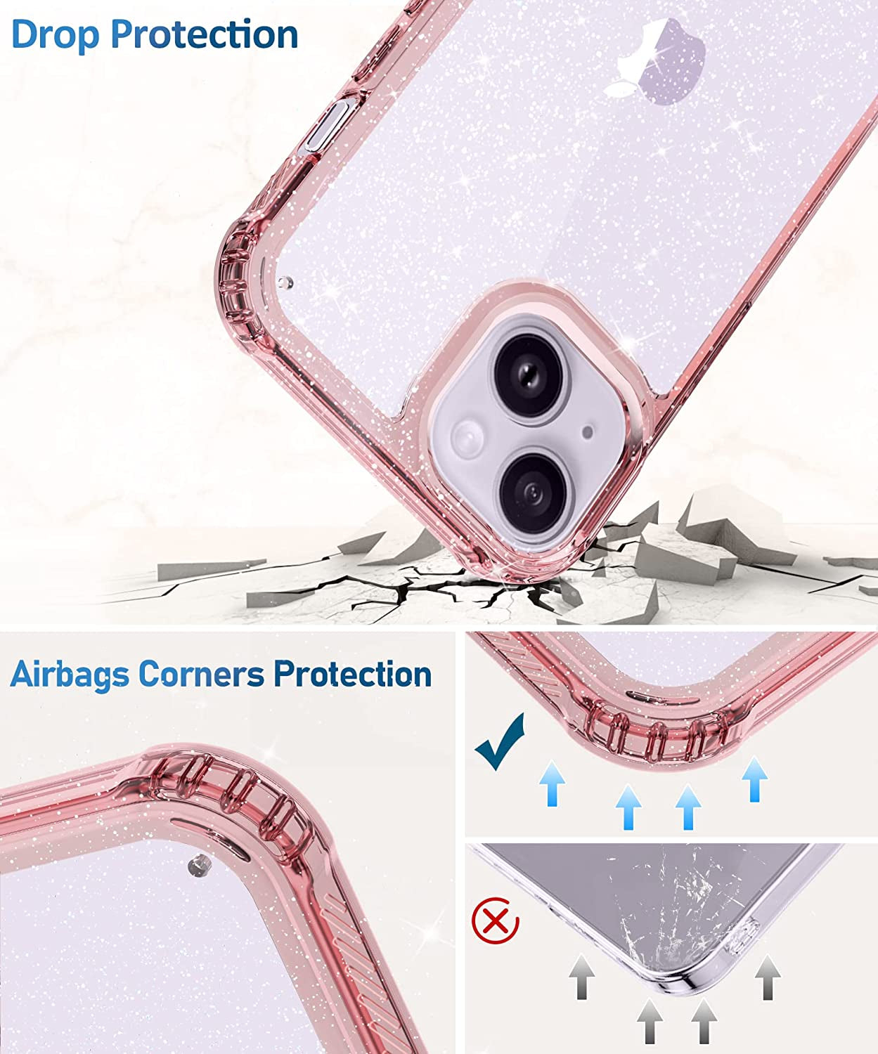 MIODIK Compatible with Iphone 14 Case with Screen Protector + Camera Lens Protector, Non Yellowing Clear Glitter Protective Phone Case, Women Girls Cover for Iphone 14 6.1 Inch 2022 - Sparkle Pink  MIODIK   