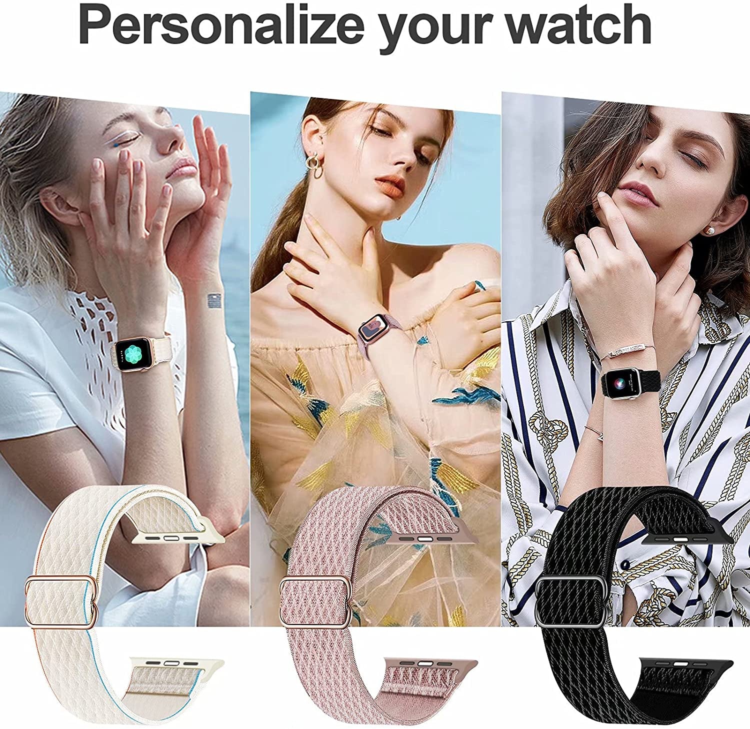 Swhatty Stretchy Nylon Solo Loop Bands Compatible with Apple Watch 41Mm 40Mm 38Mm, Adjustable Braided Sport Elastics Women Men Strap for Iwatch Series 8 7 6 5 4 3 2 1 SE (Black, Rose Pink, Cream)  Swhatty   