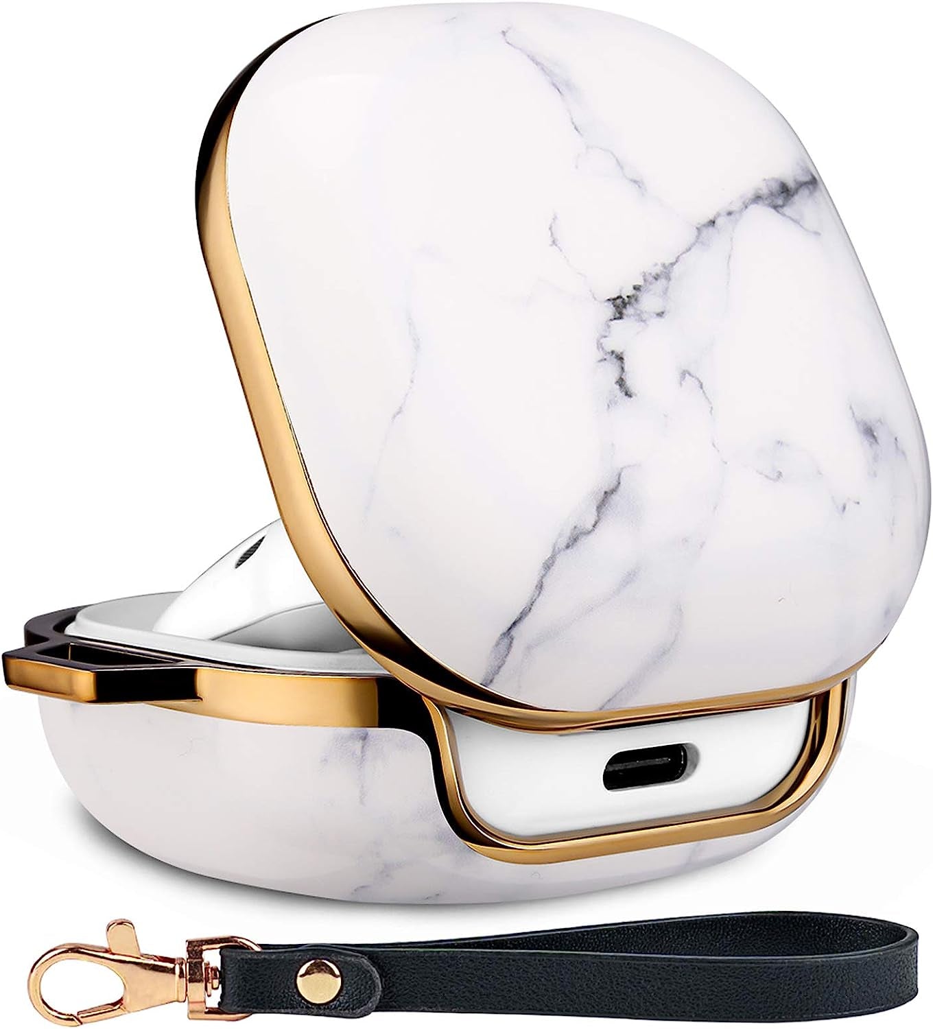 YOMPLOW Case Compatible with Samsung Galaxy Buds Live/Buds Pro - 2021 Hard Carrying Case Protective Wireless Charging Cover Skin with Keychain for Women&Girls (Purple Gold Marble)  Hansont Inc White Marble  