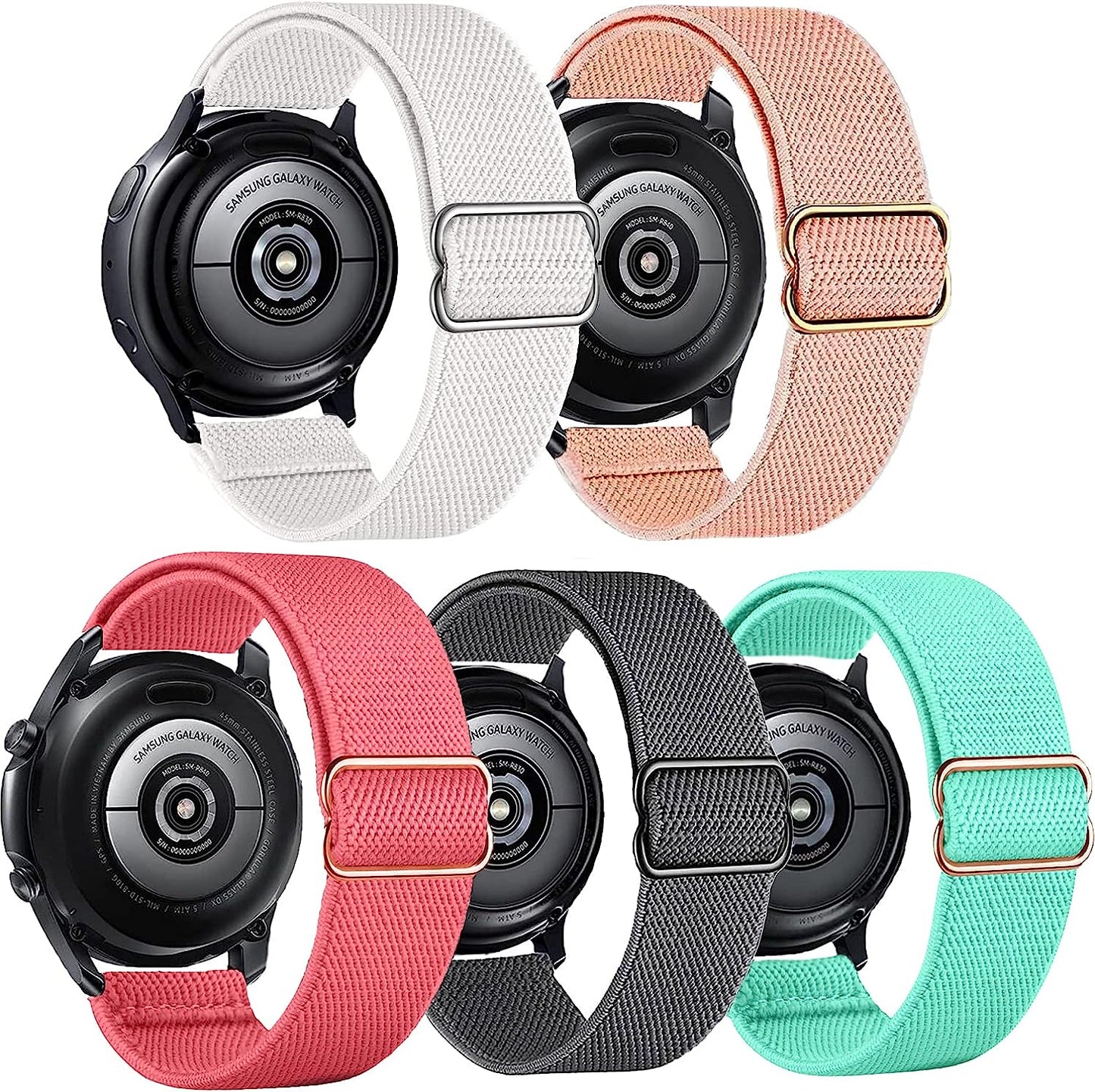 XRHWW 5 Pack 20Mm Stretchy Nylon Loop Watch Bands Compatible with Samsung Galaxy Watch Active 2 44Mm 40Mm/Active 40Mm/Galaxy Watch 3 41Mm/Galaxy Watch 42Mm/Galaxy Watch 4 44Mm 40Mm/Galaxy Watch 5 44Mm 40Mm/Pro 45Mm  XRHWW Turquoise/Grey/Pink/White/Rose Pink  