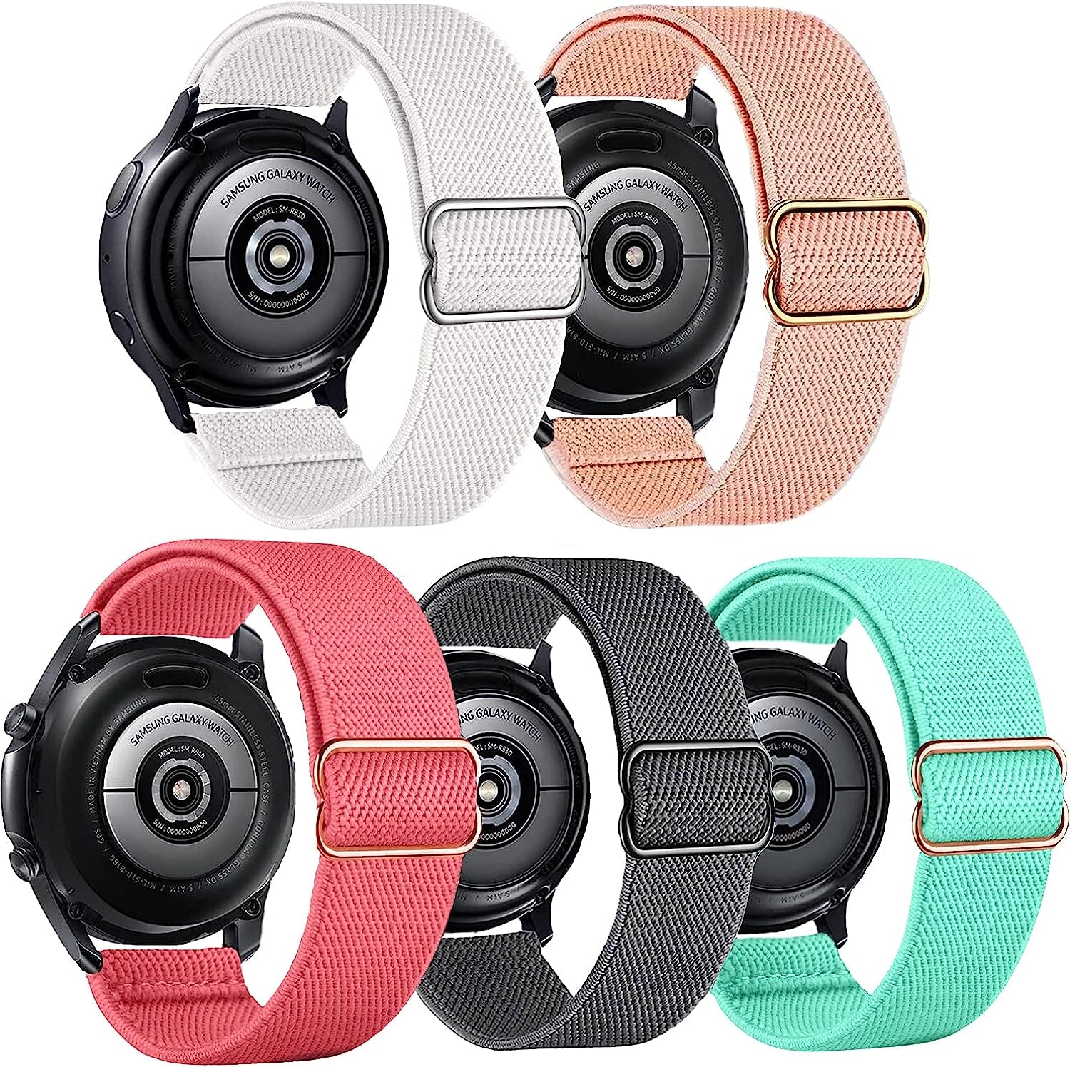 XRHWW 5 Pack 20Mm Stretchy Nylon Loop Watch Bands Compatible with Samsung Galaxy Watch Active 2 44Mm 40Mm/Active 40Mm/Galaxy Watch 3 41Mm/Galaxy Watch 42Mm/Galaxy Watch 4 44Mm 40Mm/Galaxy Watch 5 44Mm 40Mm/Pro 45Mm  XRHWW Turquoise/Grey/Pink/White/Rose Pink  