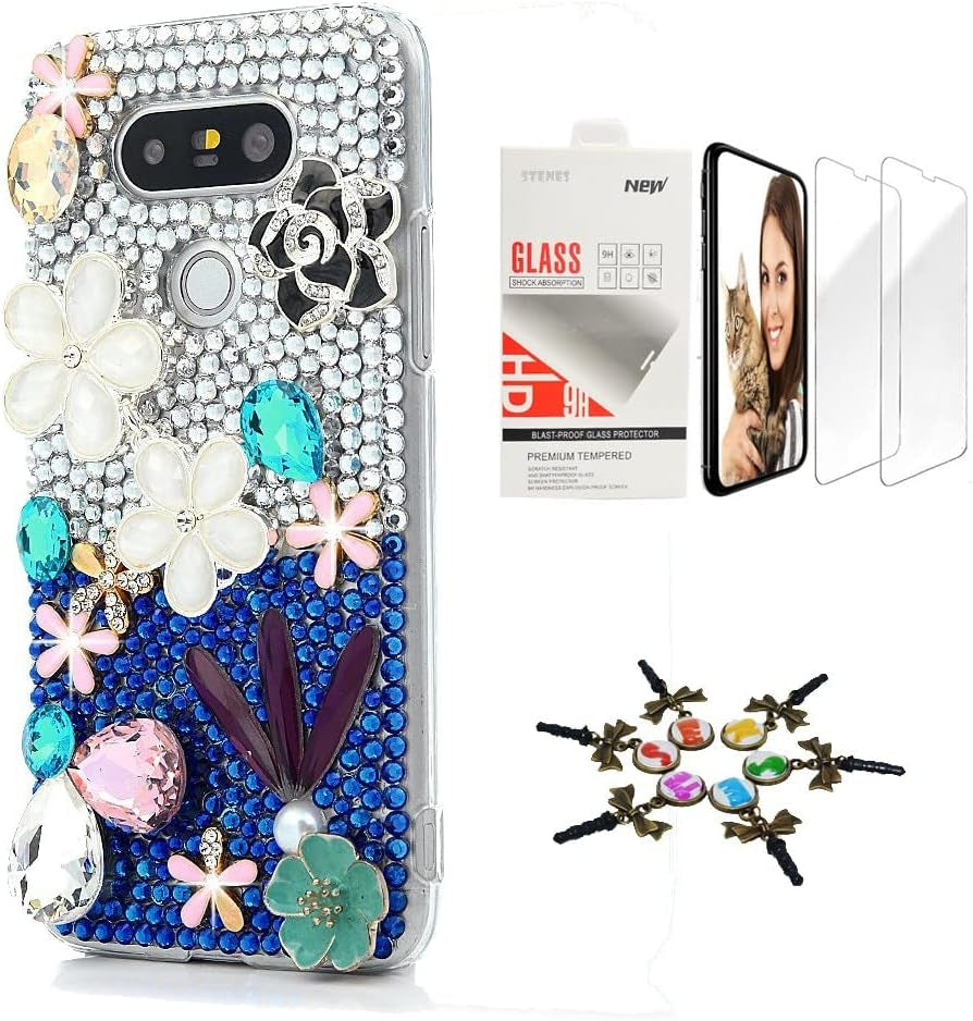 STENES Bling Case Compatible with LG V40 Thinq - Stylish - 3D Handmade [Sparkle Series] Butterfly Mermaid Design Cover with Screen Protector [2 Pack] - Colorful  STENES Flowers Floral / Whiteblue Design For Lg Stylo 3 