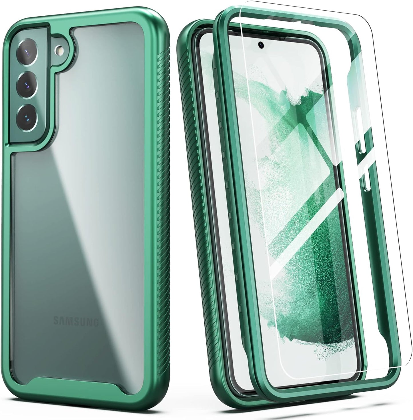 Idweel Clear Galaxy S22 plus Case with Tempered Glass Screen Protector,Hybrid 2 in 1 Shockproof Soft Slim Transparent Case with TPU Bumper, Protective Silicone Airbag Cover for Samsung S22 Plus  IDweel Graphite Green  