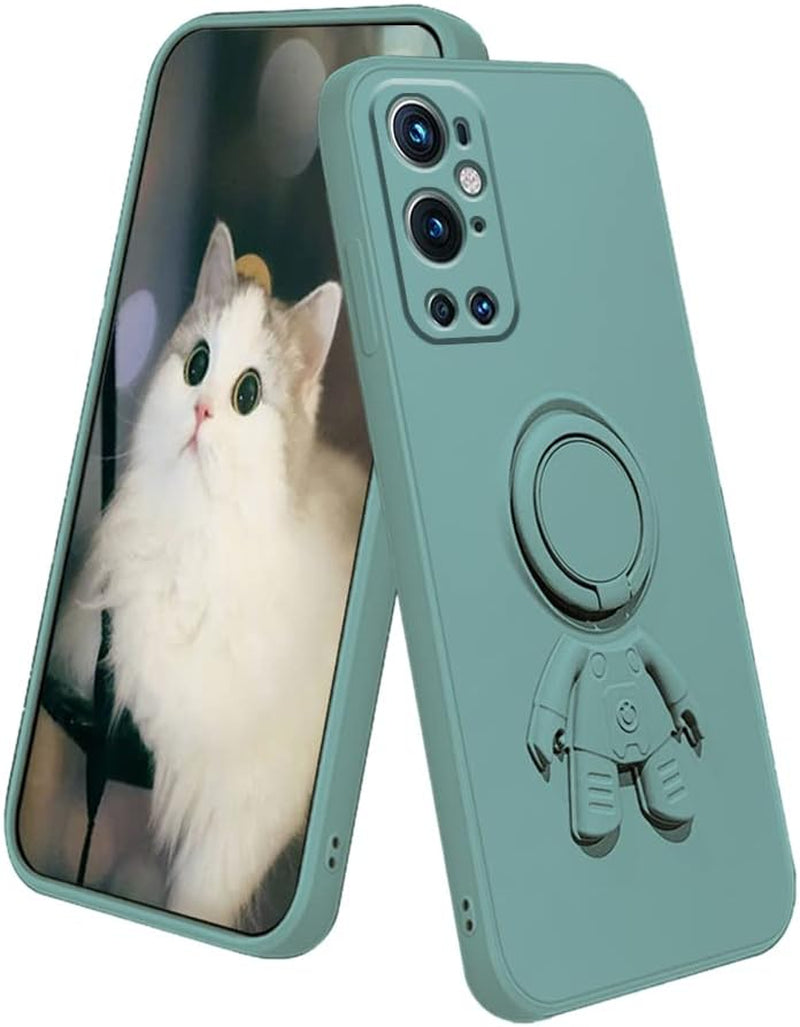 Compatible with Oneplus 9 Pro Case with Creative Astronaut Pattern Holder Green, Oneplus 9 Pro Phone Case with Ring Kickstand Silicone Shockproof Soft TPU Protective Slim Cover (Pink)  Wousunly Dark Green  