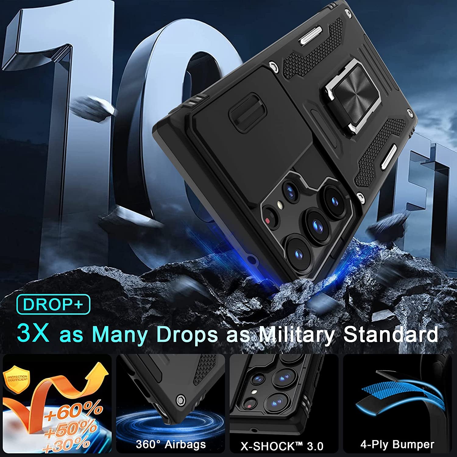 DEERLAMN for Samsung Galaxy S22 Ultra Case with Slide Camera Cover,Built-In Rotated Ring Kickstand [Full Camera Protection] [Military Grade] Heavy Duty Shockproof Protective Case Cover-Black  DEERLAMN   