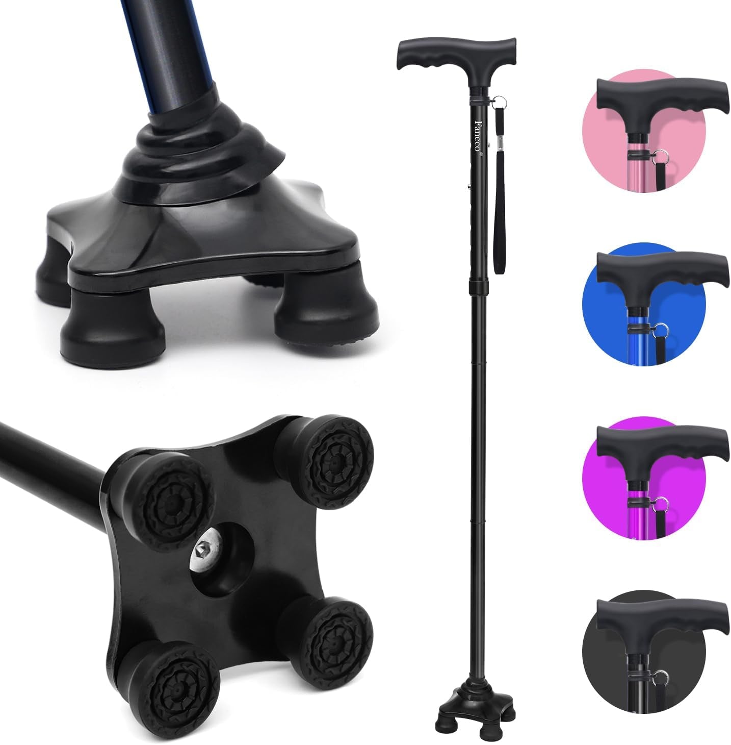 FANECO Walking Cane, Folding Walking Stick for Seniors, Pivoting Quad Base, Lightweight Adjustable Walking Stick for Men/Women  NINGBOSHI GUOSHENG XINXI KEJI YOUXIANGONGSI   