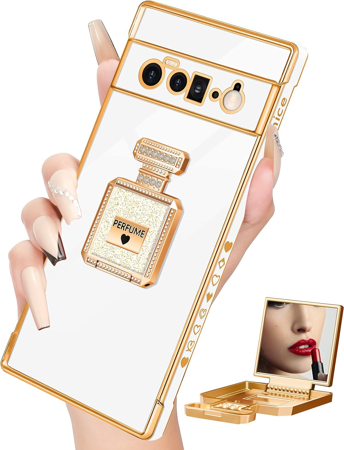 Buleens for Pixel 6 Pro Case with Metal Perfume Bottle Mirror Stand,Cute Women Girly Heart Cases for Google Pixel 6 Pro Case, Elegant Luxury Phone Cover for Pixel 6 Pro Phone Case 6.7''Sierra Blue  Buleens White For Google Pixel 6 Pro 