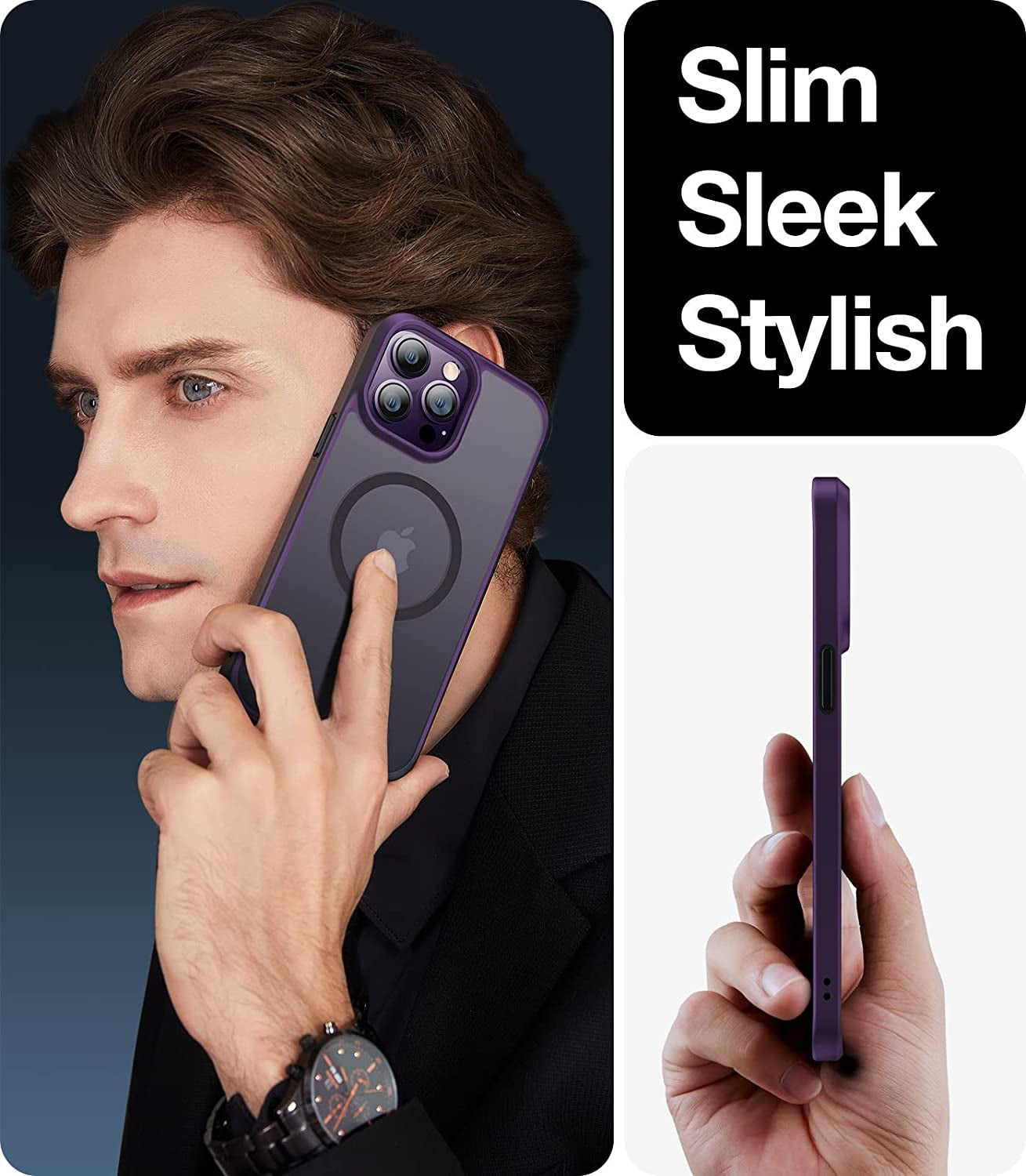 TORRAS Magnetic Designed for Iphone 14 Pro Case, Military Grade Drop Tested, Compatible with Magsafe, Slim Protective Matte Silicone for Iphone 14 Pro Phone Case, 6.1", Translucent Back/Purple Edge  TORRAS   