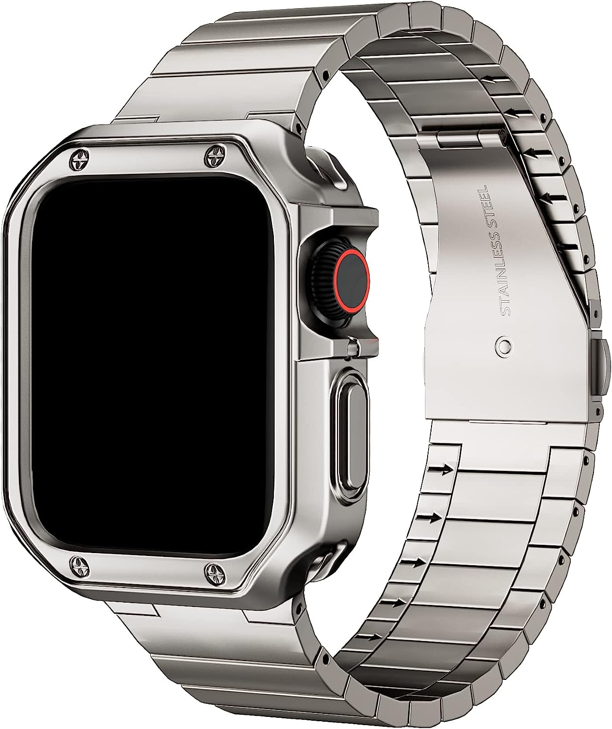 Titanium Color Designed for Apple Watch Band Men with Case, Stainless Steel Metal Chain with TPU Cover, Smart-Watch Link Bracelet Strap, Wrist-Band for I-Watch Series 8 7 6 5 4 3 2 1 SE  MRYUESG   