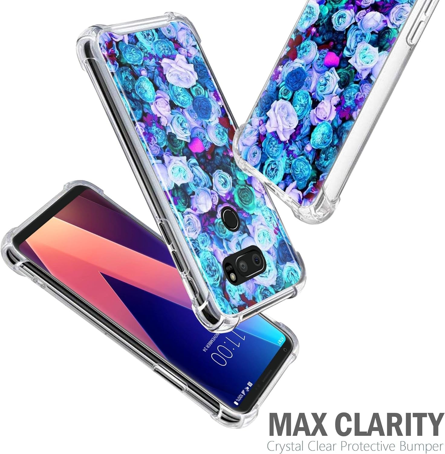 Casesondeck Bumper Case Compatible with [LG V30S Thinq and LG V30] Slim Fitted Clear TPU Bumper Shock Case (Blue Roses)  CasesonDeck   