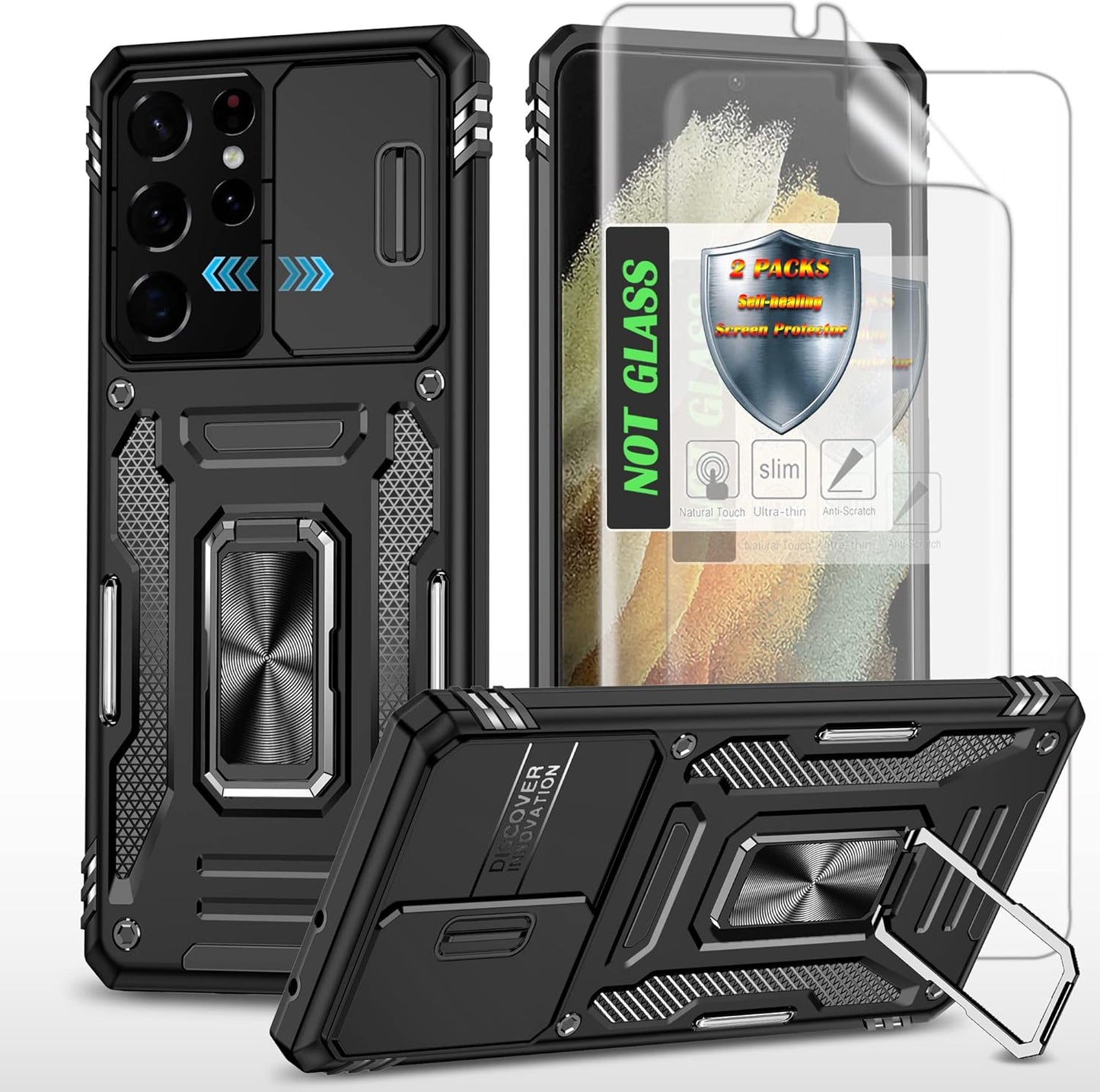 AYMECL Case for S21 Ultra 5G,Galaxys21 Ultra 5G Case with Slide Camera Cover&[2 Packs] Self-Healing Film,360° Rotate Ring Stand Magnetic Cover Case for Samsung Galaxy S21 Ultra 5G 6.8"-Blue  AYMECL Kg-Black  