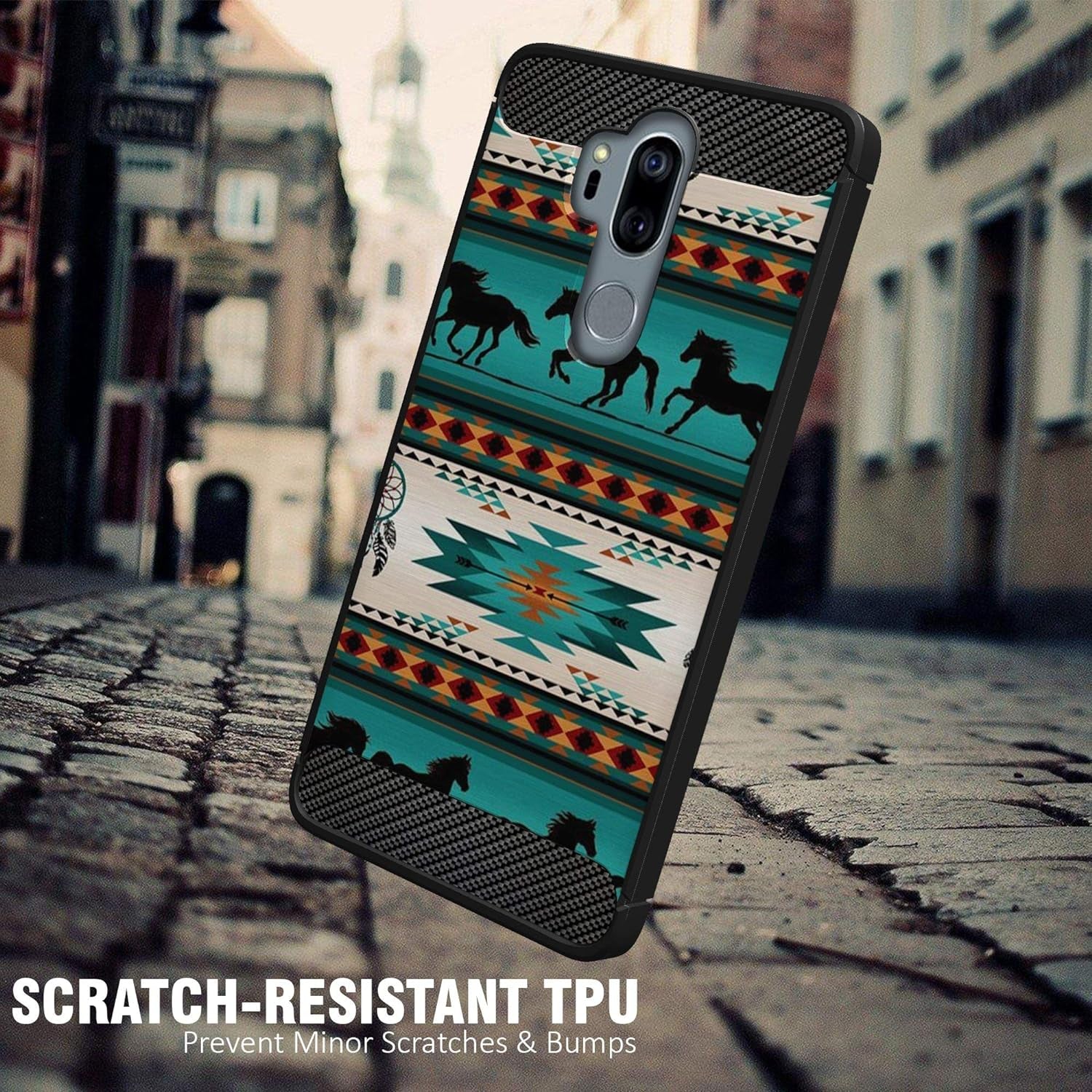 Casesondeck Case Compatible with [LG G7 / LG G7 Thinq] Tribal Floral Matte TPU Flexible Carbon Fiber Textured (Horse Tribal)  CasesonDeck   