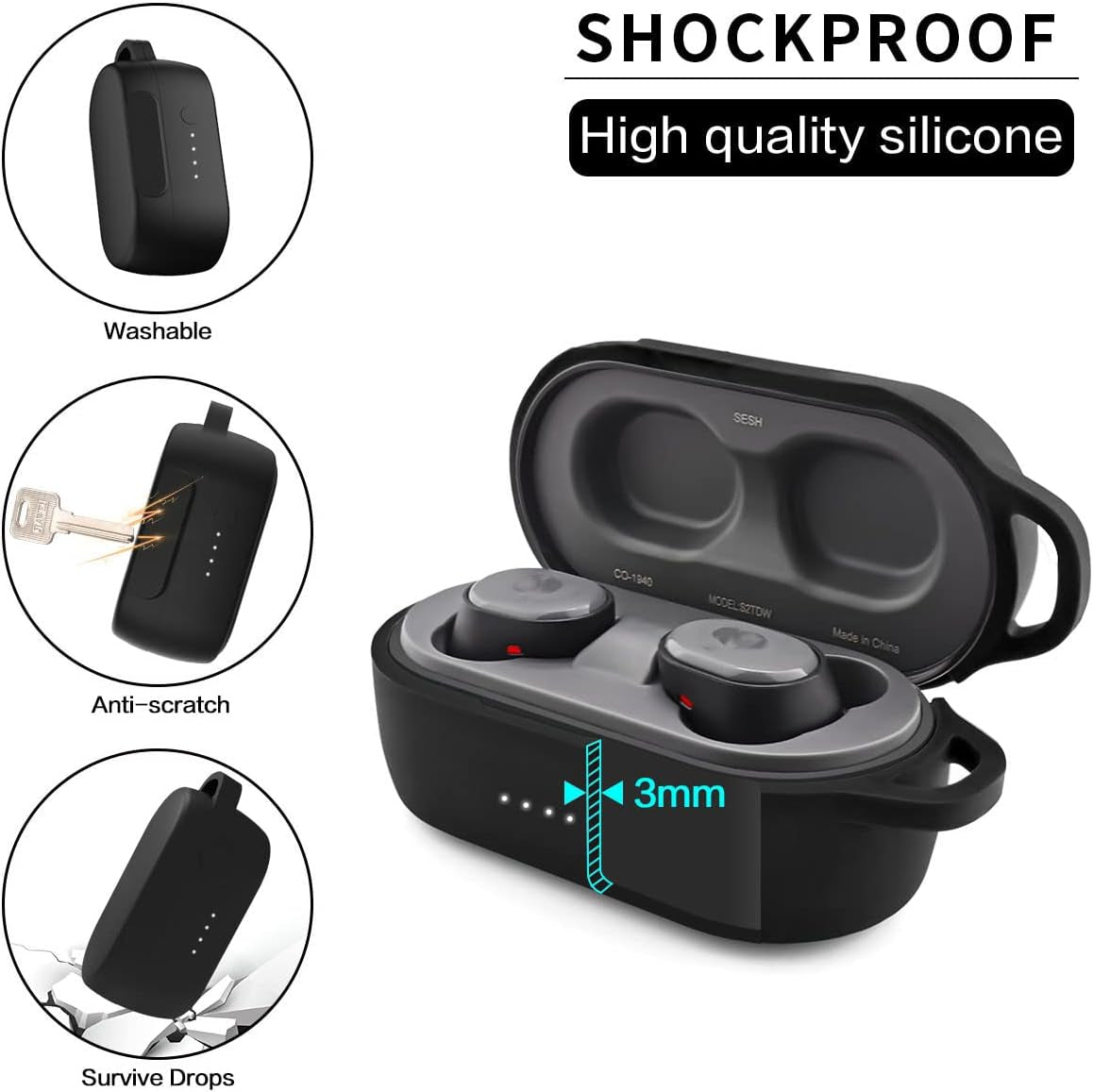 Protective Cover Case for Sesh & Sesh Evo Case (Black) , Soft and Flexible, Anti-Lost & Shockproof Protective Skin Silicone Cover for Sesh Evo Charging Case with Keychain (Visible Front LED)  WQNIDE   