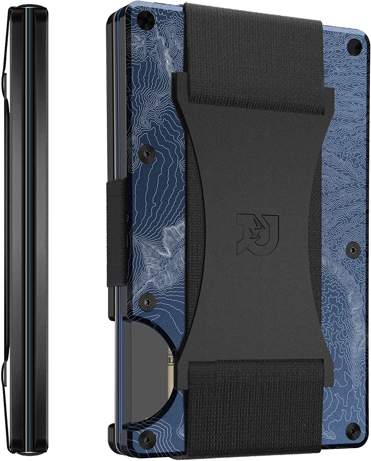 The Ridge Minimalist Slim Wallet for Men - RFID Blocking Front Pocket Credit Card Holder - Aluminum Metal Small Mens Wallets with Cash Strap (Matte Olive)  The Ridge North Shore - Topographic  