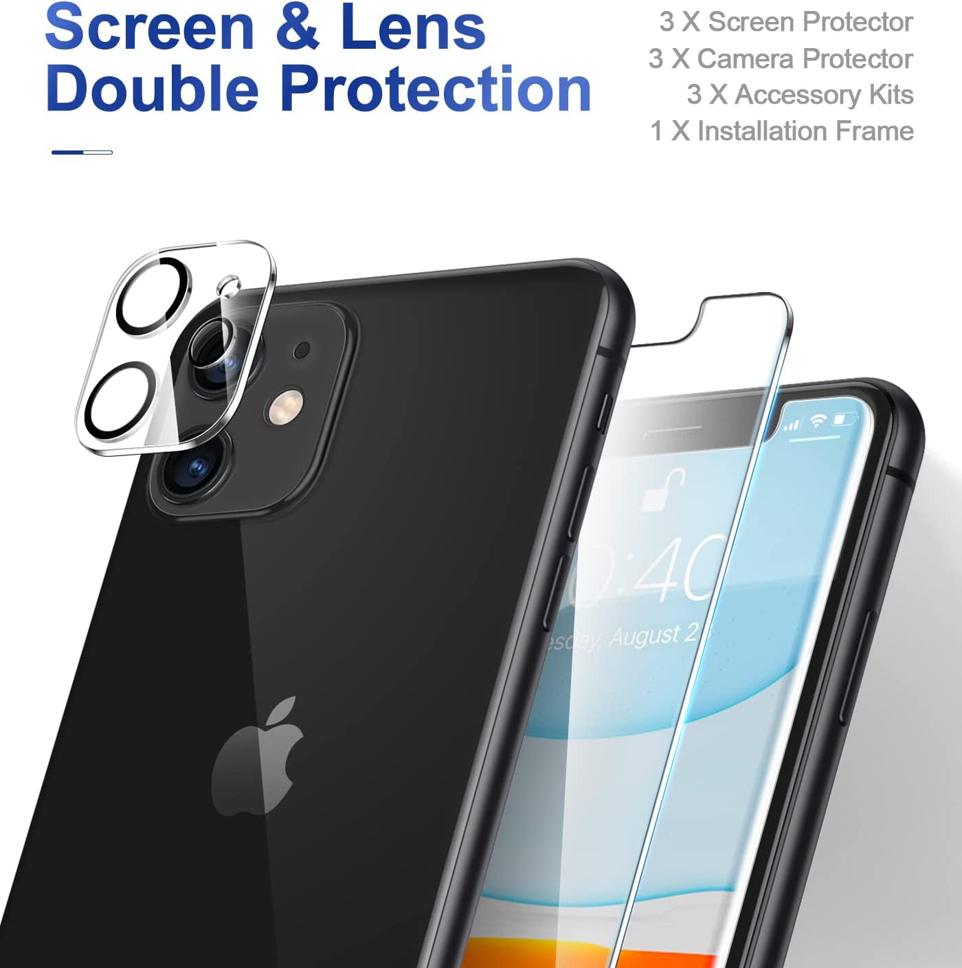 CANSHN 3 Pack Screen Protector for Iphone 11 [6.1 Inch] + 3 Pack Tempered Glass Camera Lens Protector with Easy Installation Frame, Anti-Scratch, Case Friendly, 9H Hardness, HD Clear Film [6 Pack]  CANSHN   