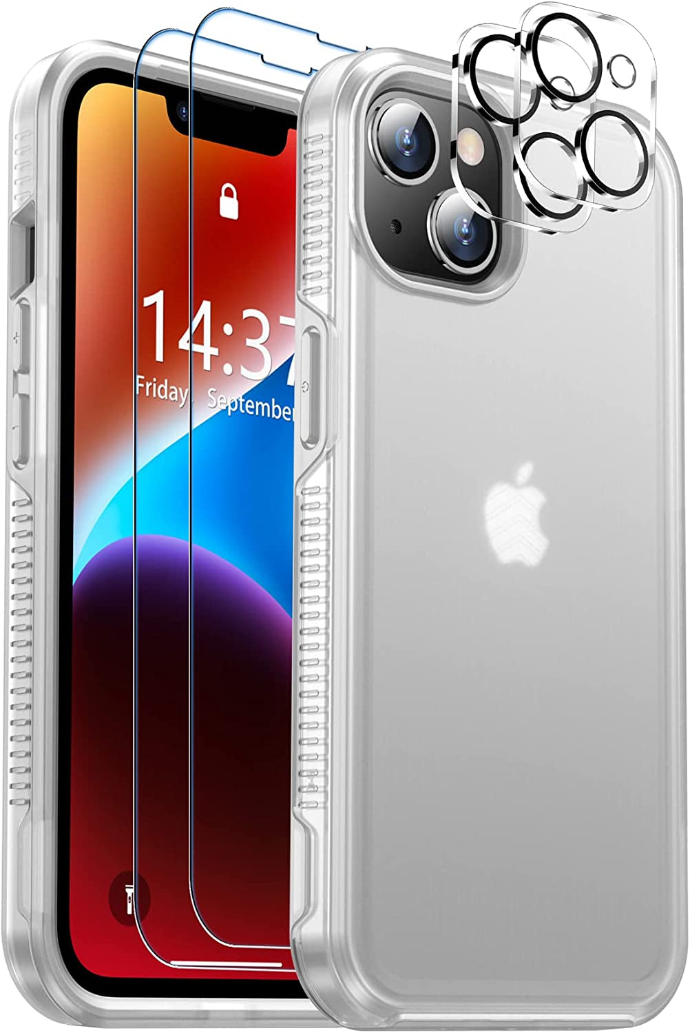 Justcool Designed for Iphone 14 plus Case, [Crystal Clear Not Yellowing] with [2 Pcs Tempered Glass Screen Protectors & 2 Pcs Camera Lens Protector] Slim Thin Protective Phone Case (Clear)  Justcool Frosted Clear Iphone 14 Plus 