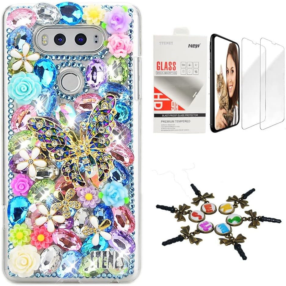 STENES Bling Case Compatible with LG G6 / LG G6 plus - Stylish - 3D Handmade [Sparkle Series] Girls Mirror Flowers Design Cover with Screen Protector [2 Pack] - Blue  STENES Retro Butterfly Flowers / Multi Colorful Design For Lg Stylo 6 