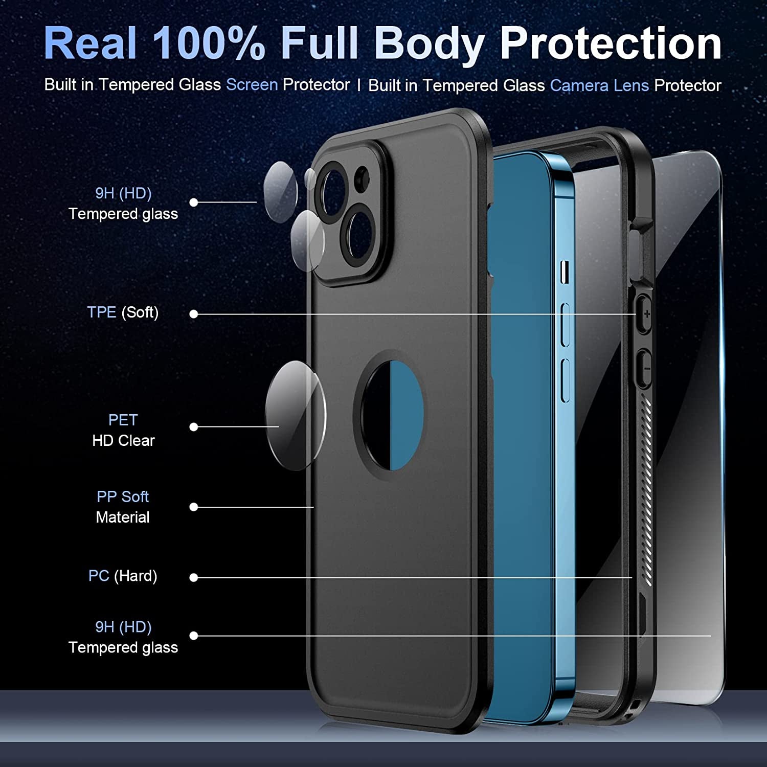 Temdan [Real 360 for Iphone 13 Case Waterproof, Built-In 9H Tempered Glass Camera Lens & Screen Protection [12FT Military Dropproof][Full-Body Shockproof][Dustproof][Ip68 Underwater]-6.1 Inch Black  Temdan   