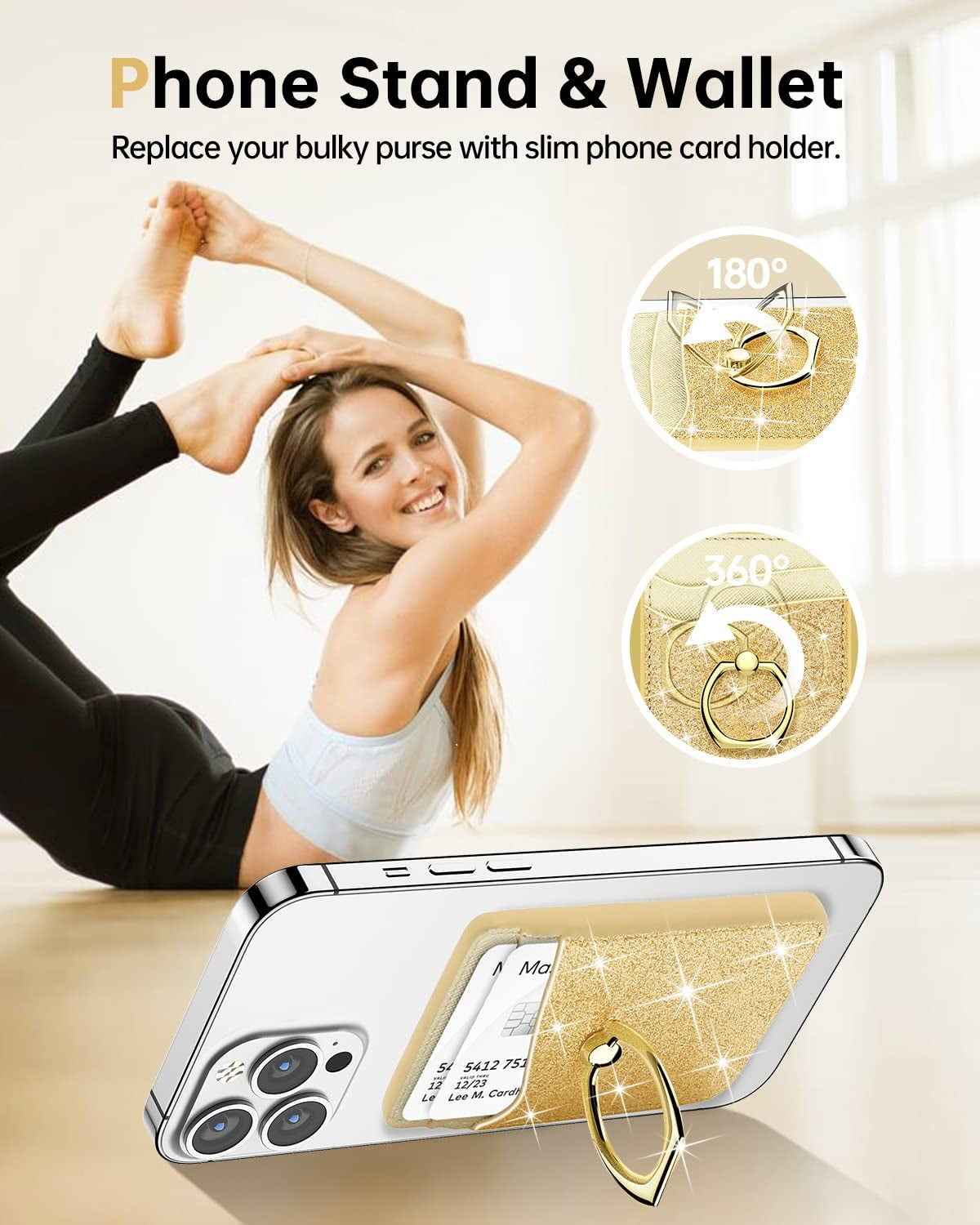 Gospire Magnetic Phone Wallet, Leather Cell Phone Card Holder, Magsafe Wallet with Ring & [Credit Card RFID Blocking] 360°Rotation Phone Stand Compatible with All Smartphones with 2 Metal Rings, Gold  Gospire   