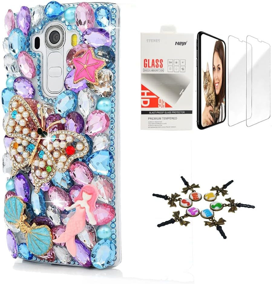 STENES Bling Case Compatible with LG V40 Thinq - Stylish - 3D Handmade [Sparkle Series] Butterfly Mermaid Design Cover with Screen Protector [2 Pack] - Colorful  STENES Butterfly Mermaid / Colorful Design For Lg Stylo 3 