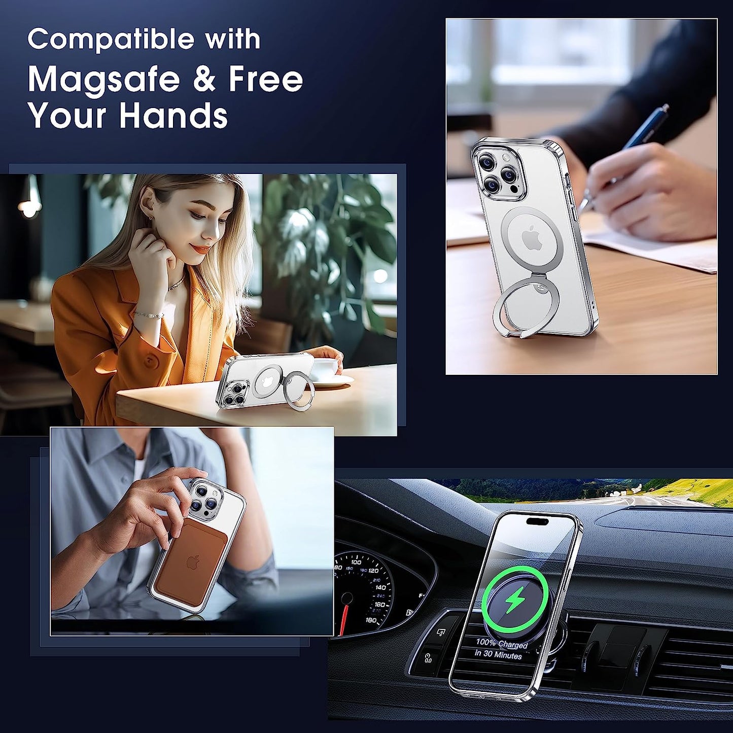 Alphex Invisible Stand Magnetic Case for Iphone 14 Pro Max [Look as Bare Iphone][Compatible with Magsafe] Military Grade Shockproof Matte Slim Phone Cover Ring Holder Women Men 6.7 Inch, Silver  Alphex   