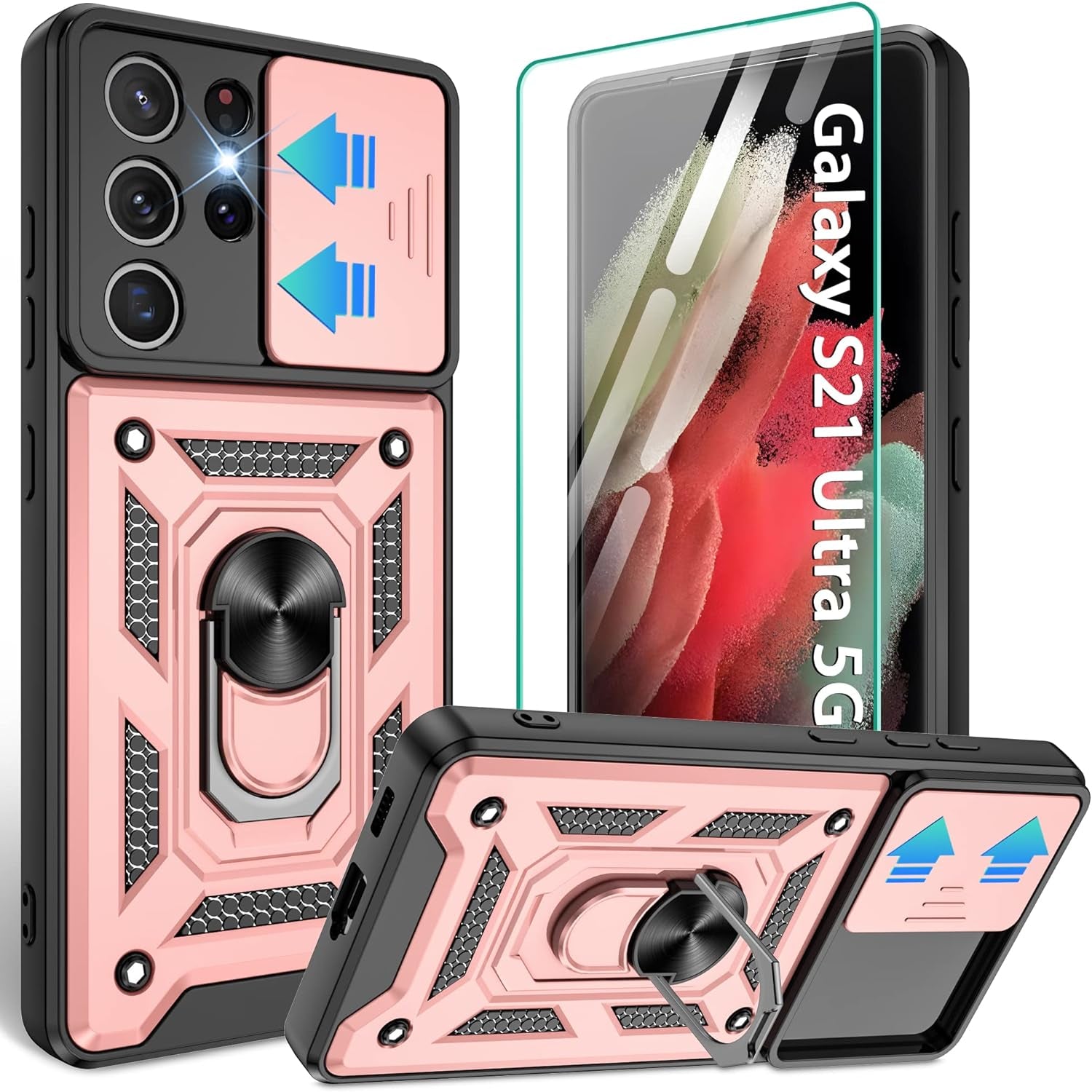 Compatible with Samsung Galaxy S21 Ultra Case,S21 Ultra Case with HD Screen Protector with Slide Camera Cover, 360°Rotation Ring Kickstand [Military Grade] Case for Galaxy S21 Ultra, Rose Gold  Gritup   