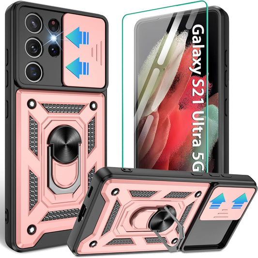Compatible with Samsung Galaxy S21 Ultra Case,S21 Ultra Case with HD Screen Protector with Slide Camera Cover, 360°Rotation Ring Kickstand [Military Grade] Case for Galaxy S21 Ultra, Rose Gold  Gritup   